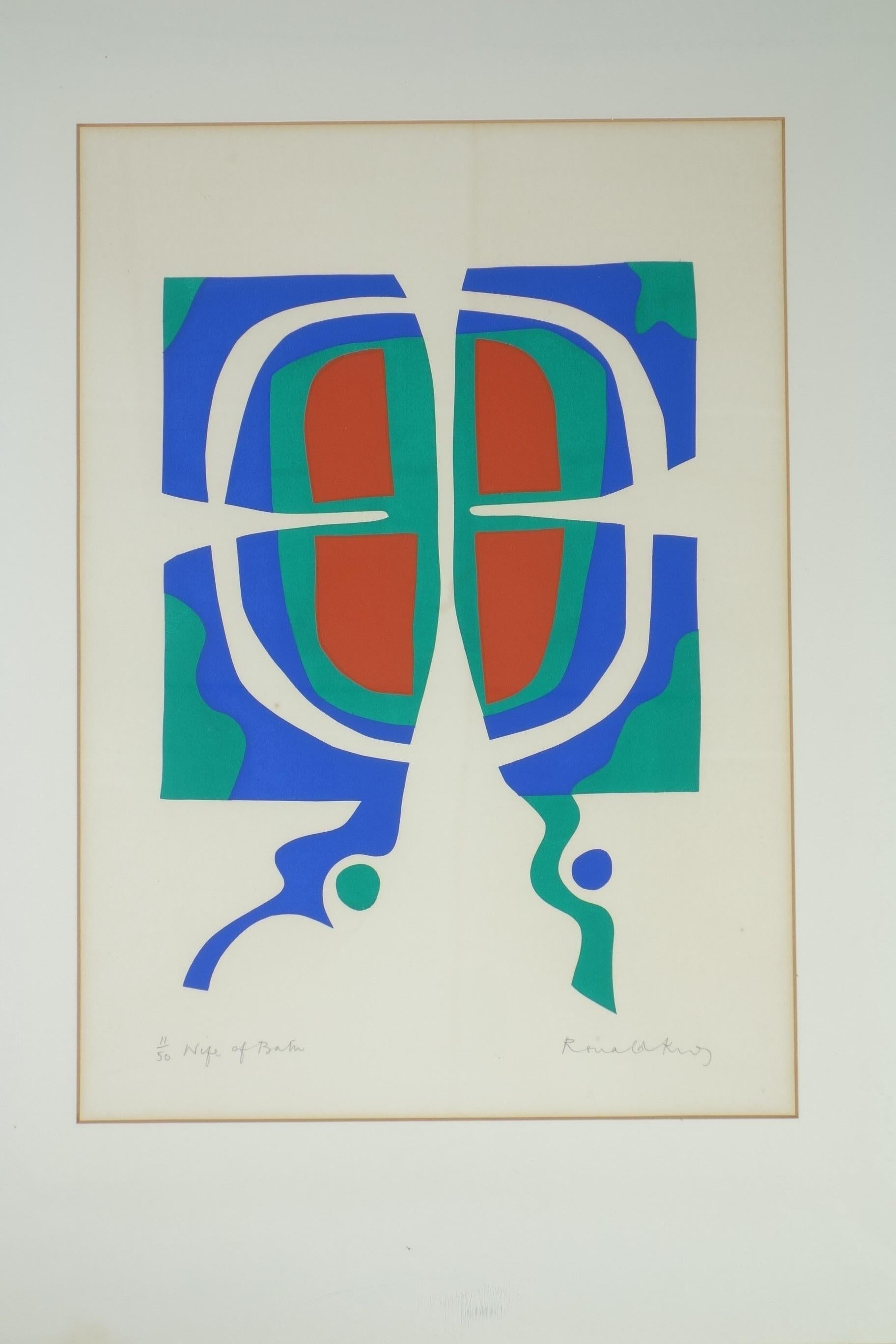 Lebendiger und dynamischer Siebdruck des britischen Künstlers und Buchillustrators Ronald King in limitierter Auflage. Bekannt für seinen experimentellen Einsatz von Farbe und geometrischer Abstraktion, zeigt dieses Werk gespiegelte abstrakte Formen