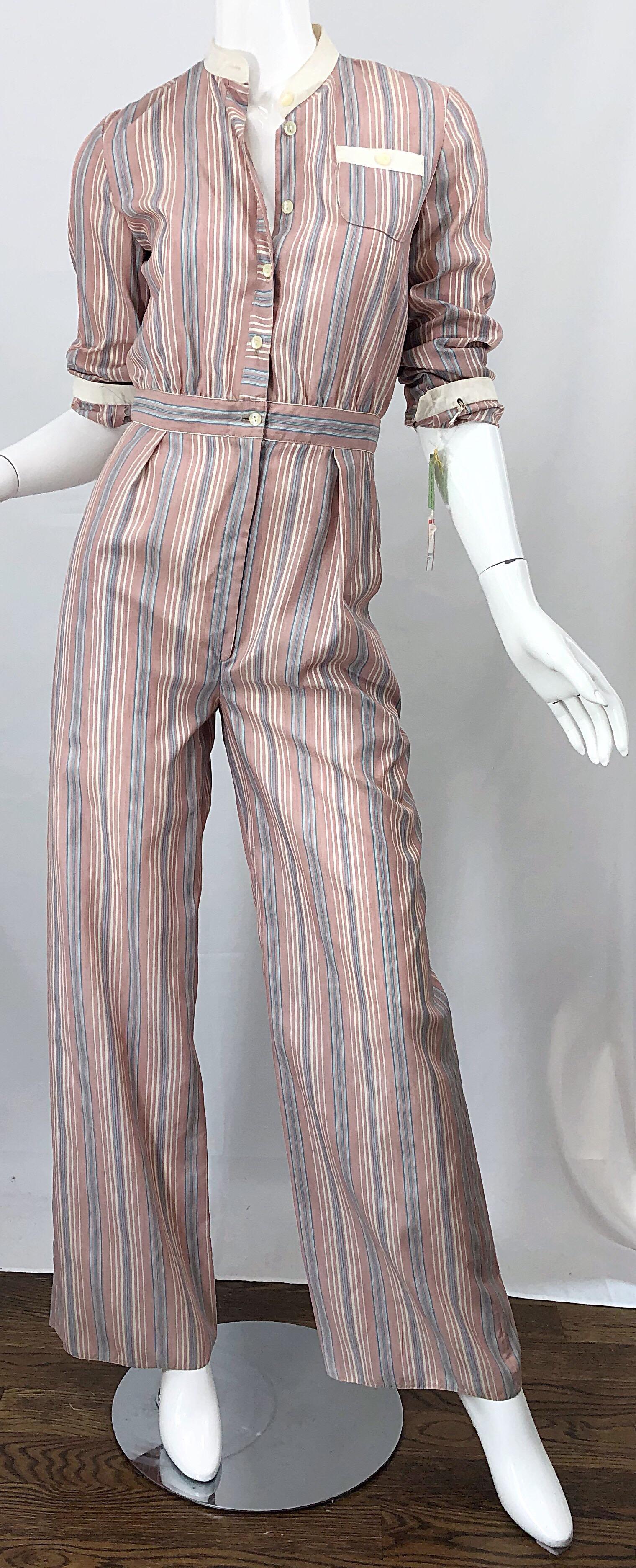 Gray Ronald Kolodzie 1970s NWT Striped Wide Leg Vintage Cotton Blend 70s Jumpsuit For Sale