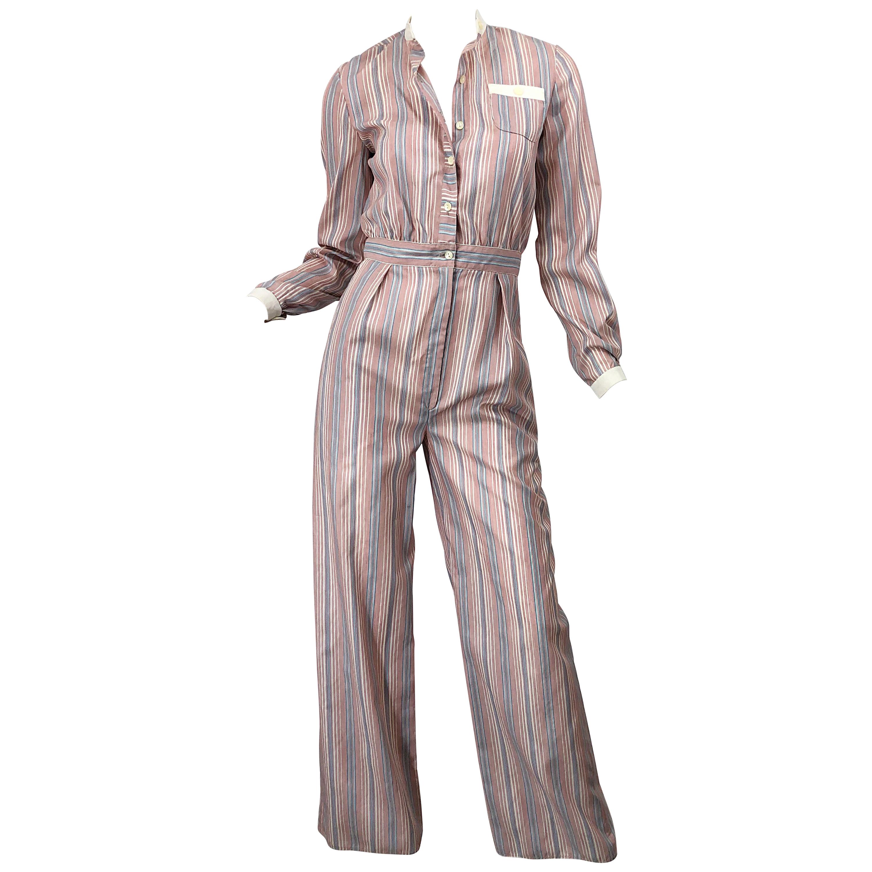 Ronald Kolodzie 1970s NWT Striped Wide Leg Vintage Cotton Blend 70s Jumpsuit For Sale