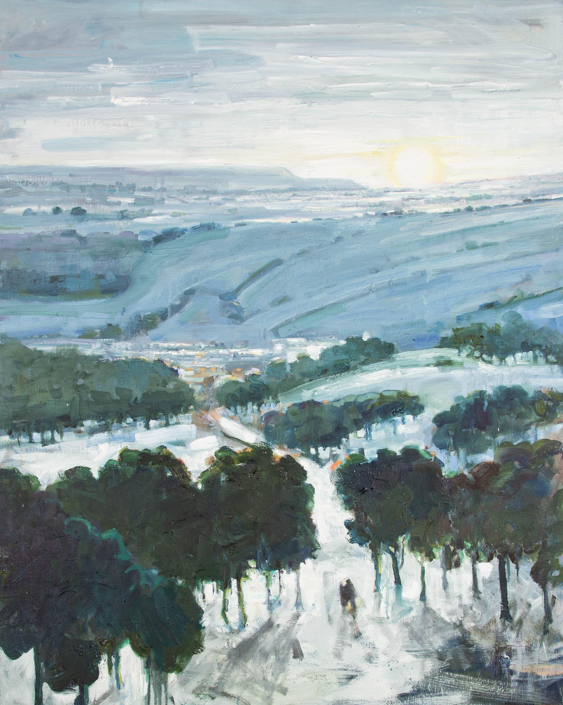 A dynamically textured Winter landscape in oil, showing dark rolling hills and fields in an expansive view at sundown. Two figures can be seen walking through the snow and trees at the lower third. The artist has signed and dated to the lower right