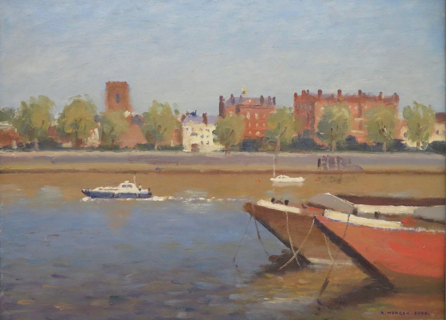 Postimpressionist 20. Jahrhundert Ölgemälde RIVER THAMES AT CHELSEA LONDON – Painting von Ronald Morgan 