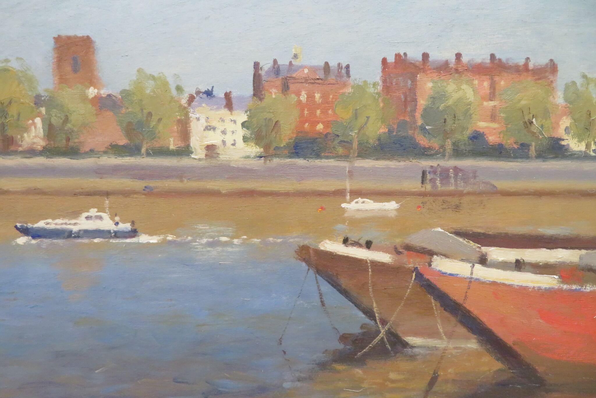 Postimpressionist 20. Jahrhundert Ölgemälde RIVER THAMES AT CHELSEA LONDON (Post-Impressionismus), Painting, von Ronald Morgan 