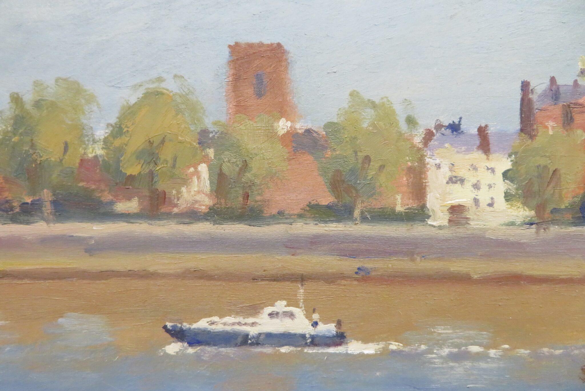 Postimpressionist 20. Jahrhundert Ölgemälde RIVER THAMES AT CHELSEA LONDON (Grau), Landscape Painting, von Ronald Morgan 