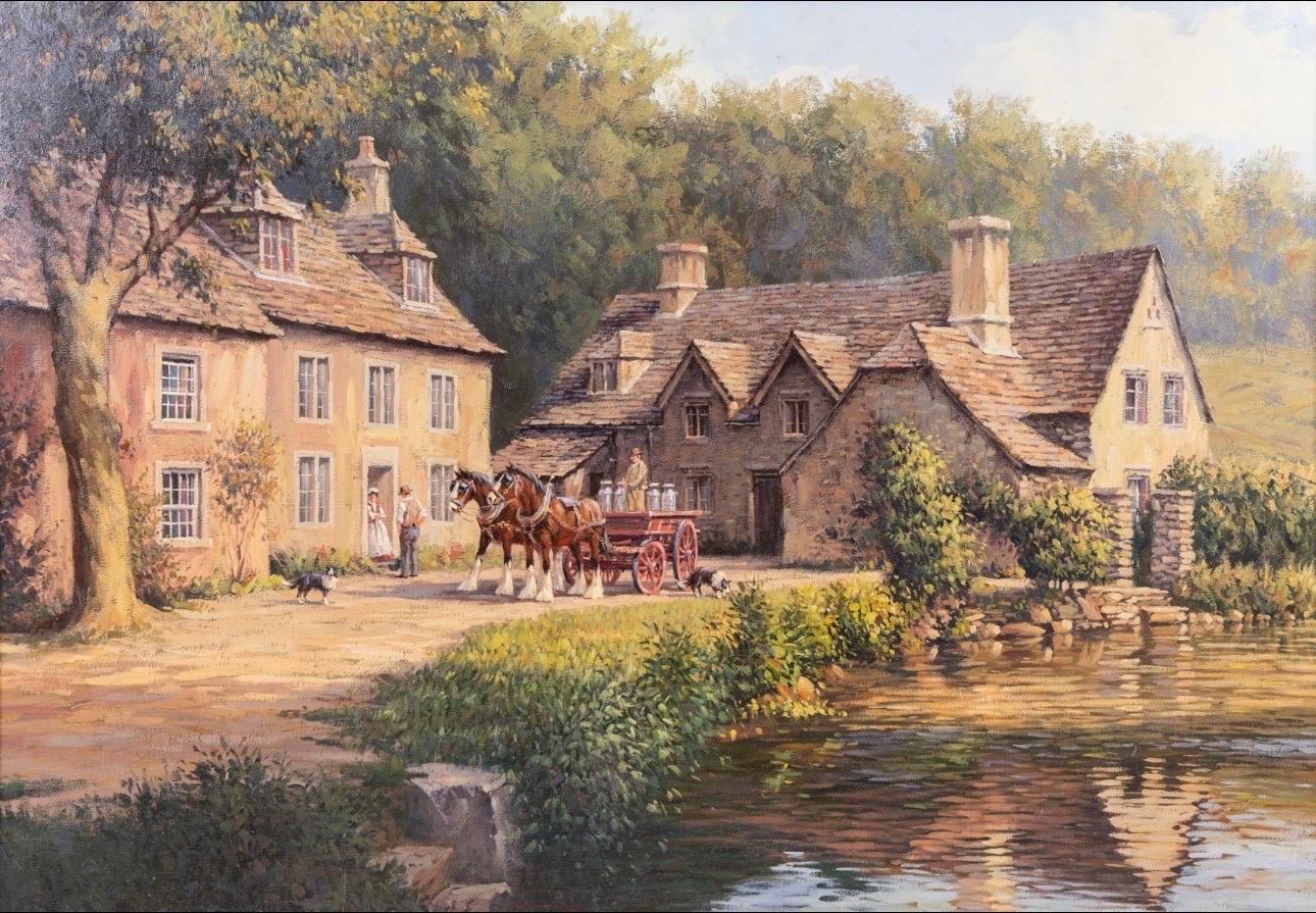 Shire Horses with Cart & Figures outside Farmhouse in the Cotswolds of England - Painting by Ronald Moseley