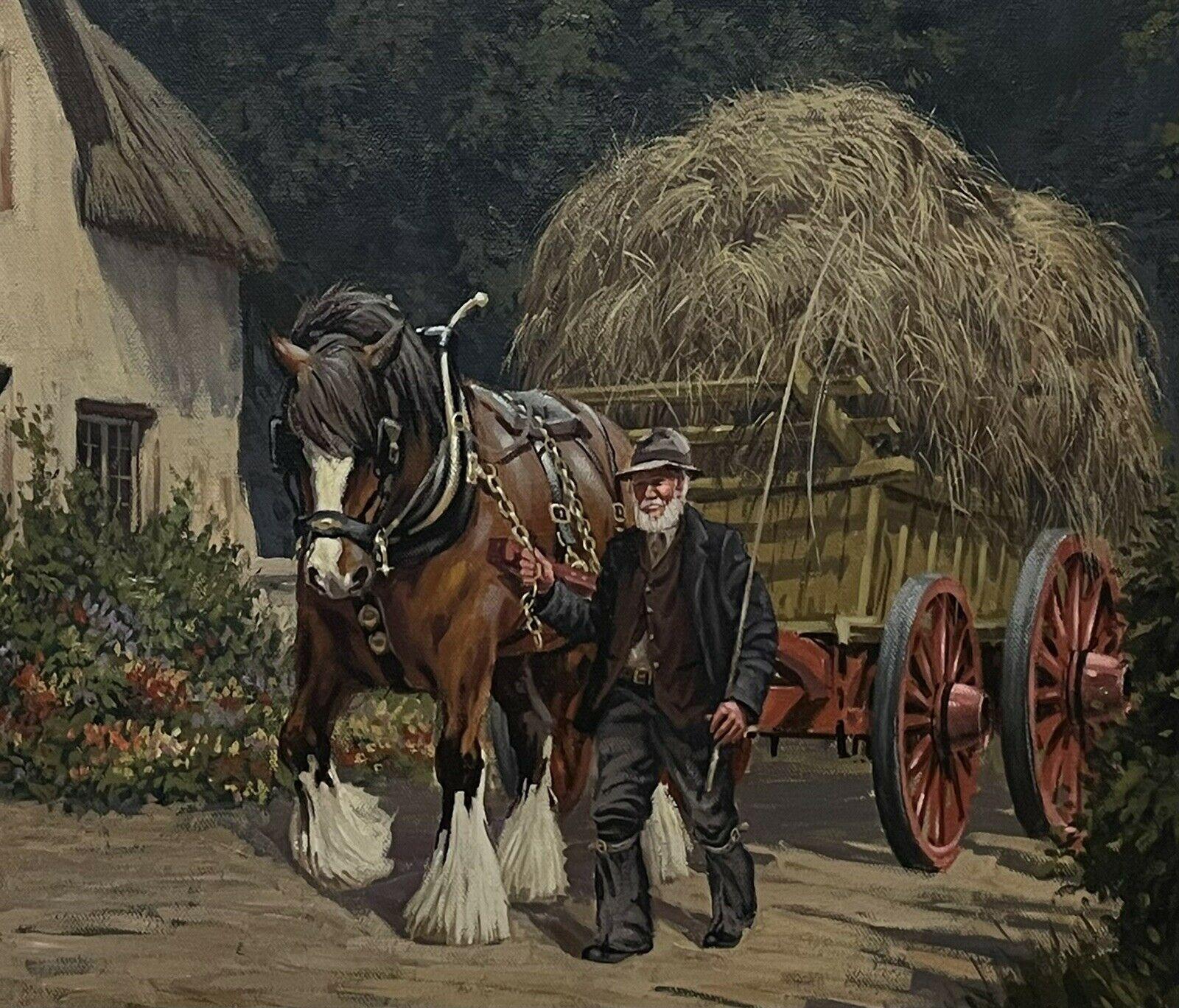 Caballo y carro de heno tradicionales ingleses con granjero charlando en la calle del pueblo - Painting Impresionista de Ronald Moseley
