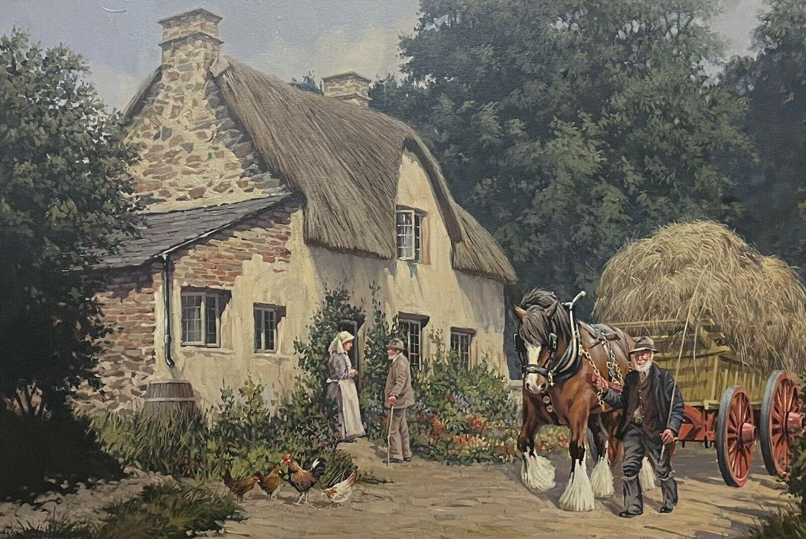 Traditional English Oil Horse & Haycart with Farmer Chatting in Village Lane