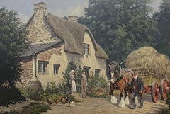 Traditional English Oil Horse & Haycart with Farmer Chatting in Village Lane
