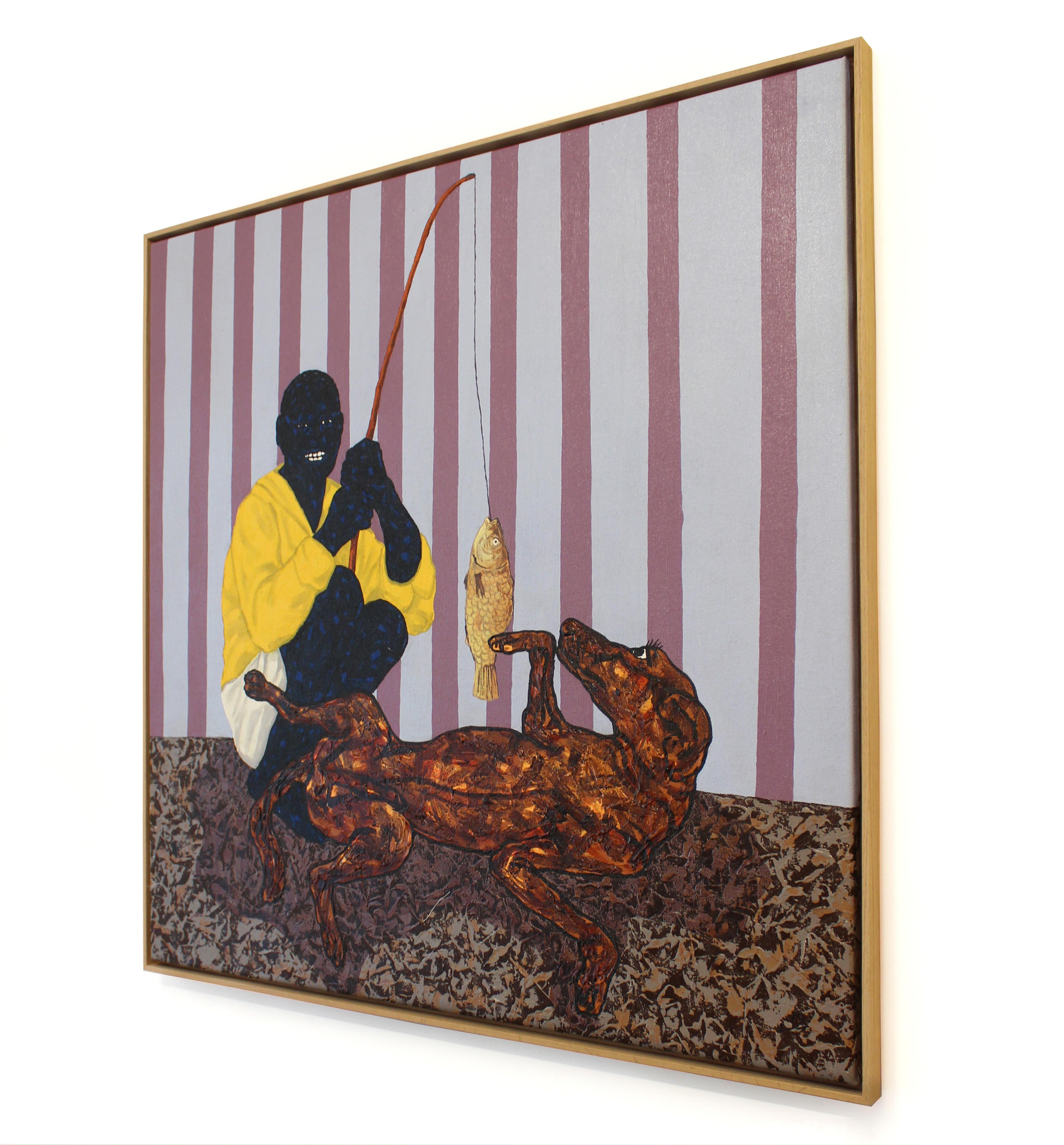 Boy with golden fish - Brown Portrait Painting by Ronald Mugabe