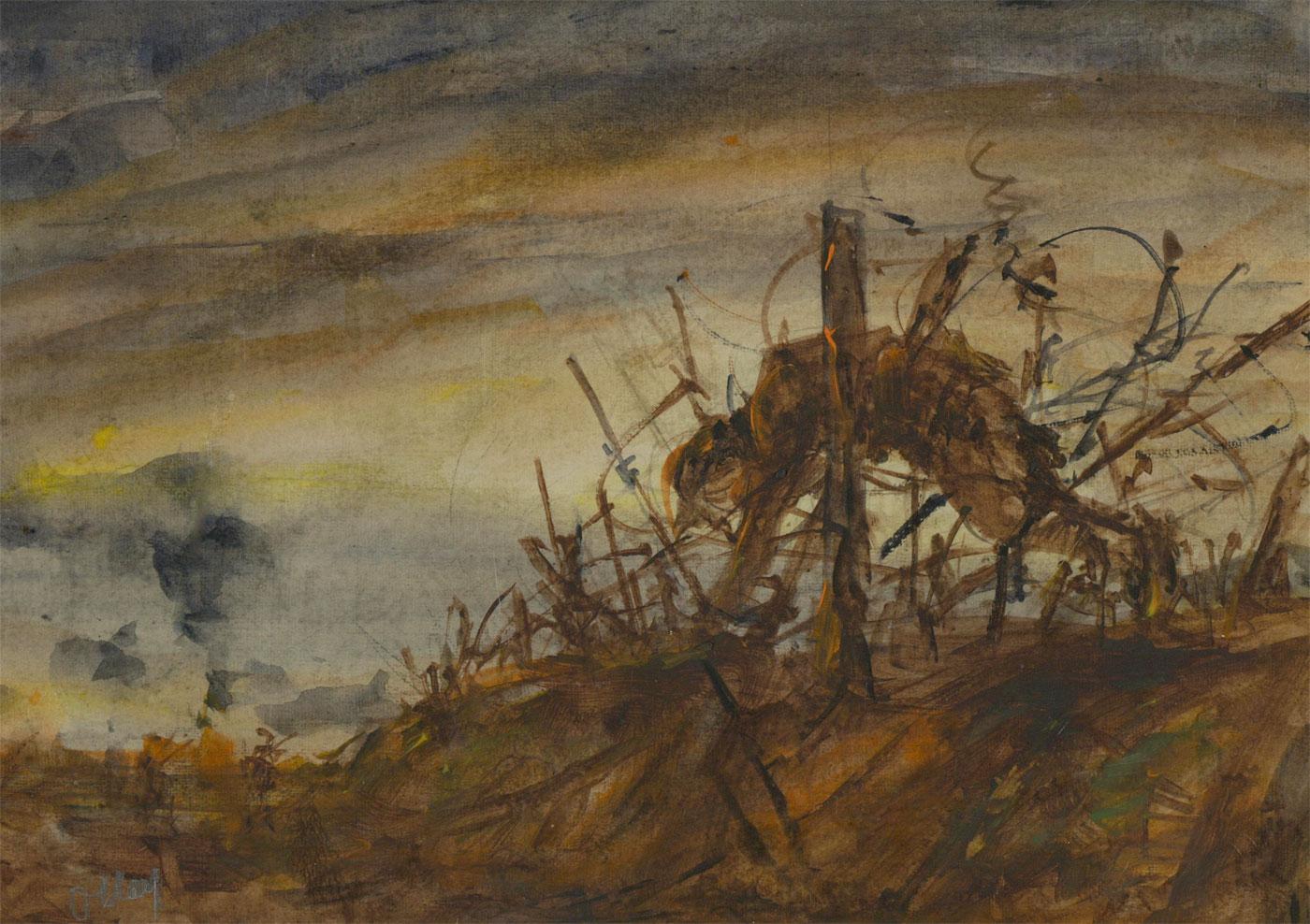 Ronald Olley (b.1923) - c. 2000 Mixed Media, Battlefield with Barbed Wire For Sale 1
