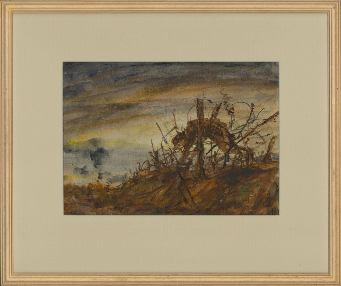 A devastating and arresting battlefield composition by the British listed artist Ronald Olley (b.1926). A barbed wire fence marks a boundary on disputed territory, with the suspended corpse of a soldier providing the central focus. Olley used his