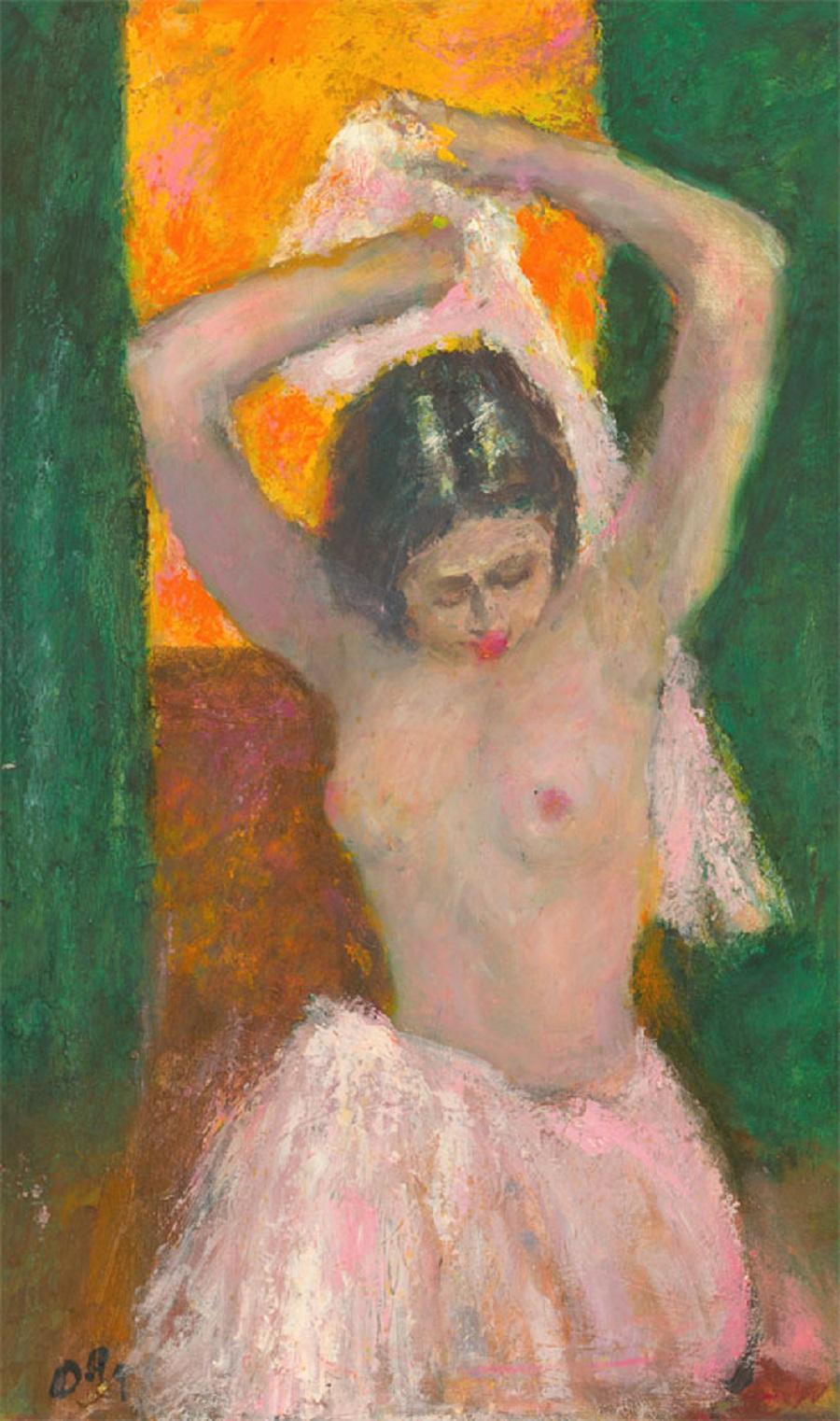 An fine and evocative female nude by the British listed artist Ronald Olley (b.1926), depicting a seated lady dressing and wearing a long pink skirt. Olley achieves an overall post-impressionistic style alongside detail and characterful subjects,