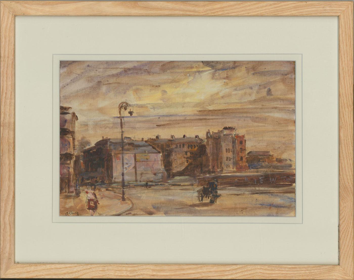 A fine contemporary street scene by listed artist Ronald Olley. Here the artist has captured an urban street with large town houses and various figures. Completed in washes of muted colour emphasizing the urban atmosphere of this composition.