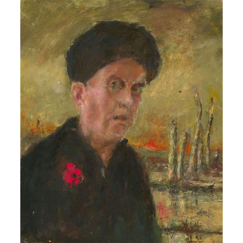 An arresting and dramatic oil on canvas by the British listed artist Ronald Olley (b.1923), depicting a portrait of an older gentleman, who is most likely a war veteran, wearing a red poppy. The scene behind the subject is suggestive of a Second