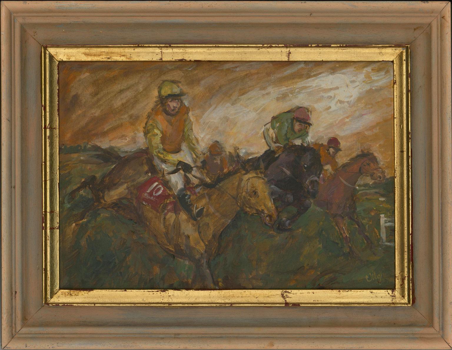 A well executed painting of a horse racing scene by the listed artist Ronald Olley. The picture depicts a group of jockeys passing the . The quick and distinct brushstrokes convey a real sense of speed, movement and action. The painting has been