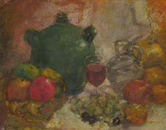 Ronald Olley (nato nel 1923) - Olio del 2000 circa, Natura morta, tavola di frutta e vino