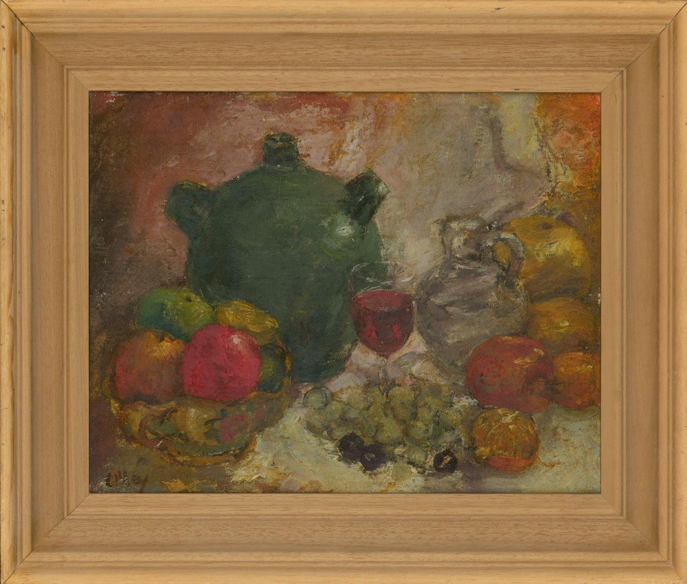 Sulis Fine Art is proud to present a very fine contemporary still life by listed artist Ronald Olley.

This finely composed still life features various fruits and ornaments that are painted with a rich lifelikeness. The vivid colours and expressive