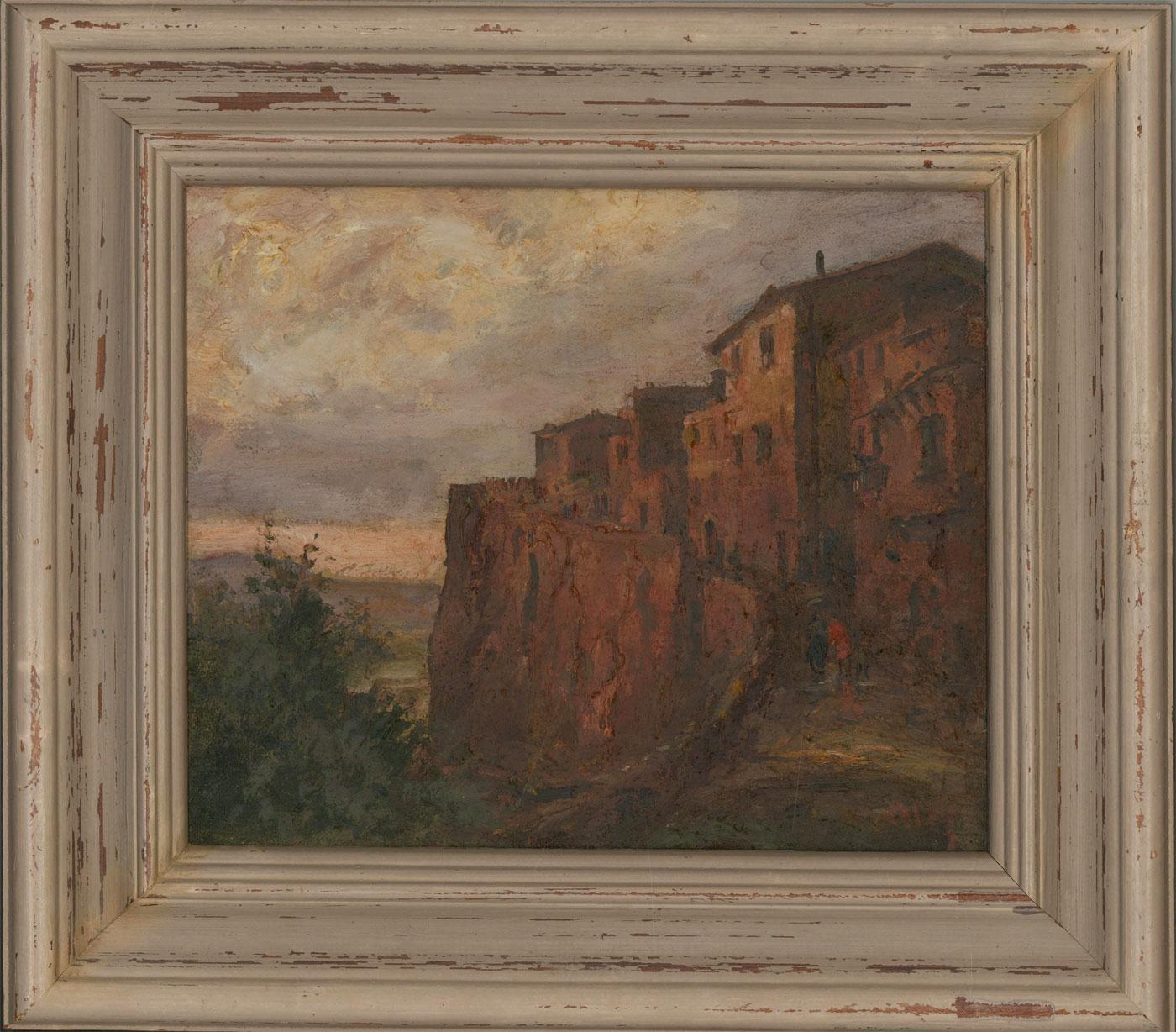 A well executed oil painting with areas of impasto by the listed artist Ronald Olley, depicting the distinctive view of a Tuscan hill town, with figures making an ascent up the hill. It has been signed t the lower right and is well represented in a