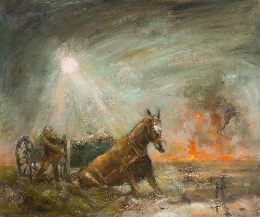 Ronald Olley (b.1923) - Signed & Framed c. 2000 Oil, Horses Slain in Mud For Sale 1