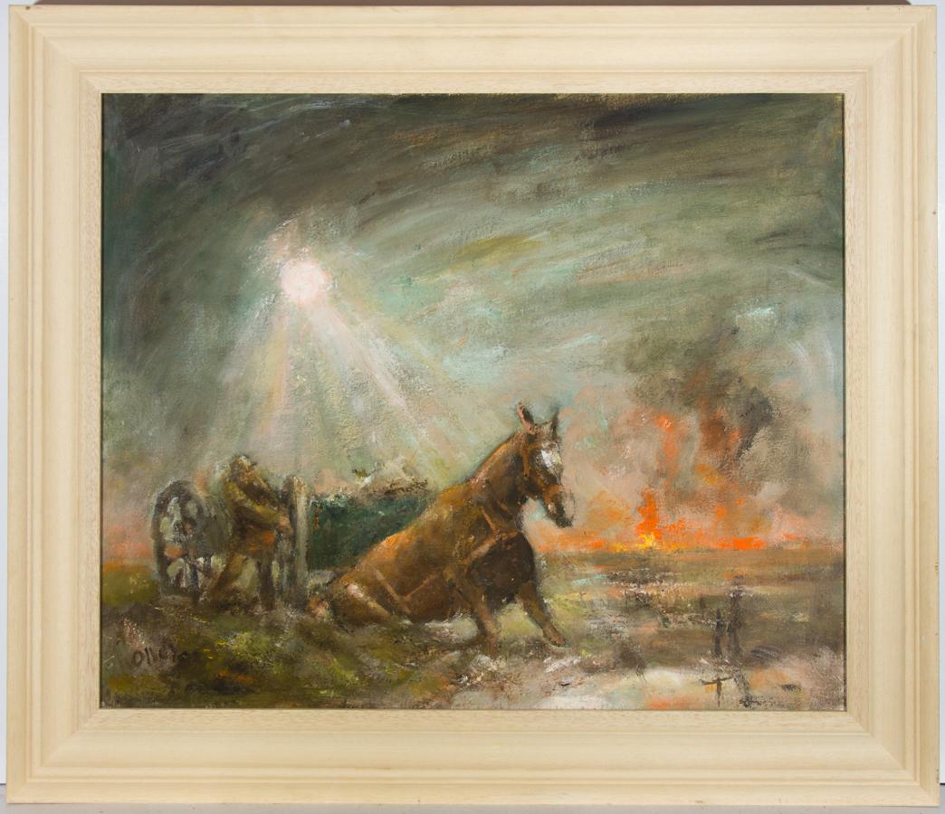 An arresting and dramatic oil by the British listed artist Ronald Olley (b.1923), portraying a fallen horse on the battlefield, with a soldier at its side. The scene is characteristic of the First World War, and the artist's research and personal