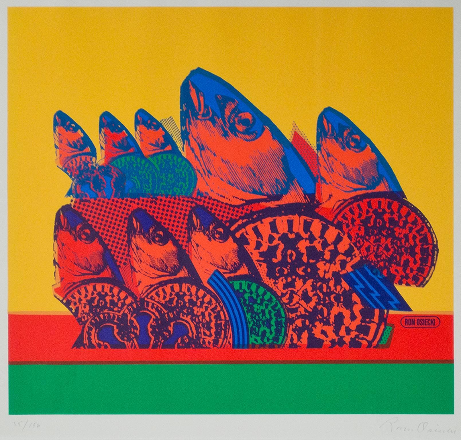 "Prozession (Fisch), " Original Farbige Serigraphie Druck Fisch Design einzigartig