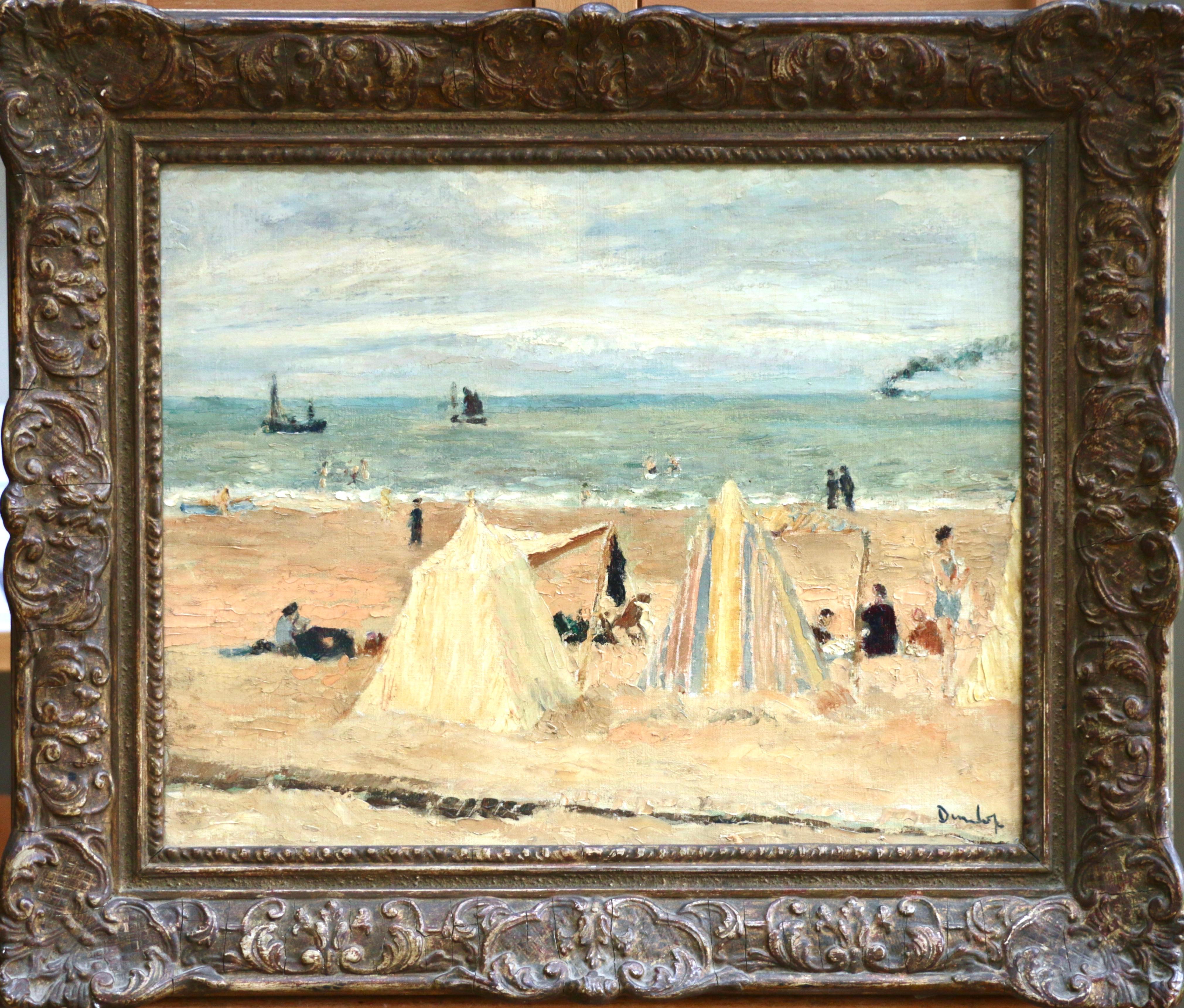 Ronald Ossory Dunlop Landscape Painting - Calais Beach - Early 20th Century Oil, Figures in Coastal Landscape by R Dunlop