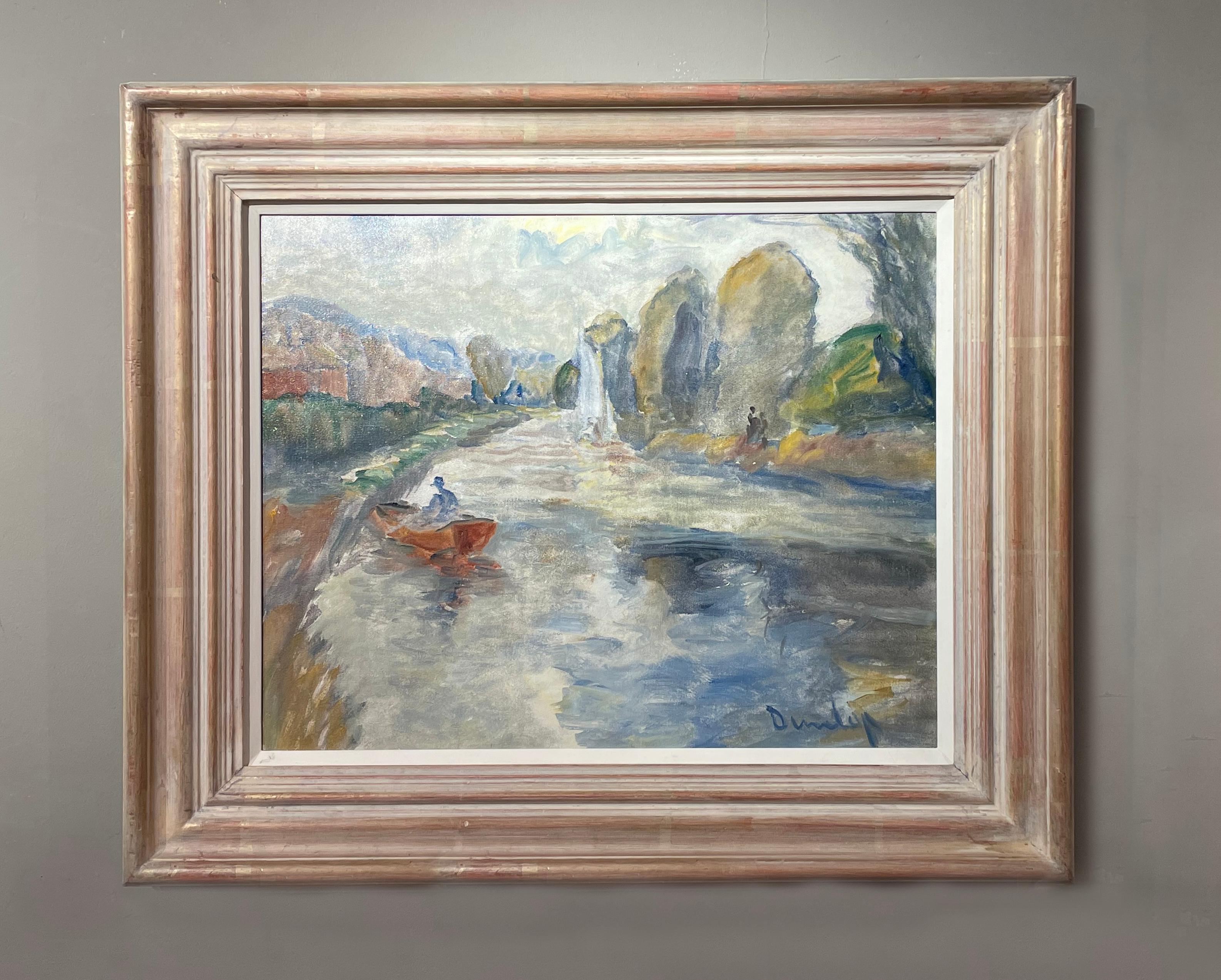 Ronald Ossory Dunlop Landscape Painting - 'On the Arun' Landscape of a river with boat and figures, calm peaceful colours