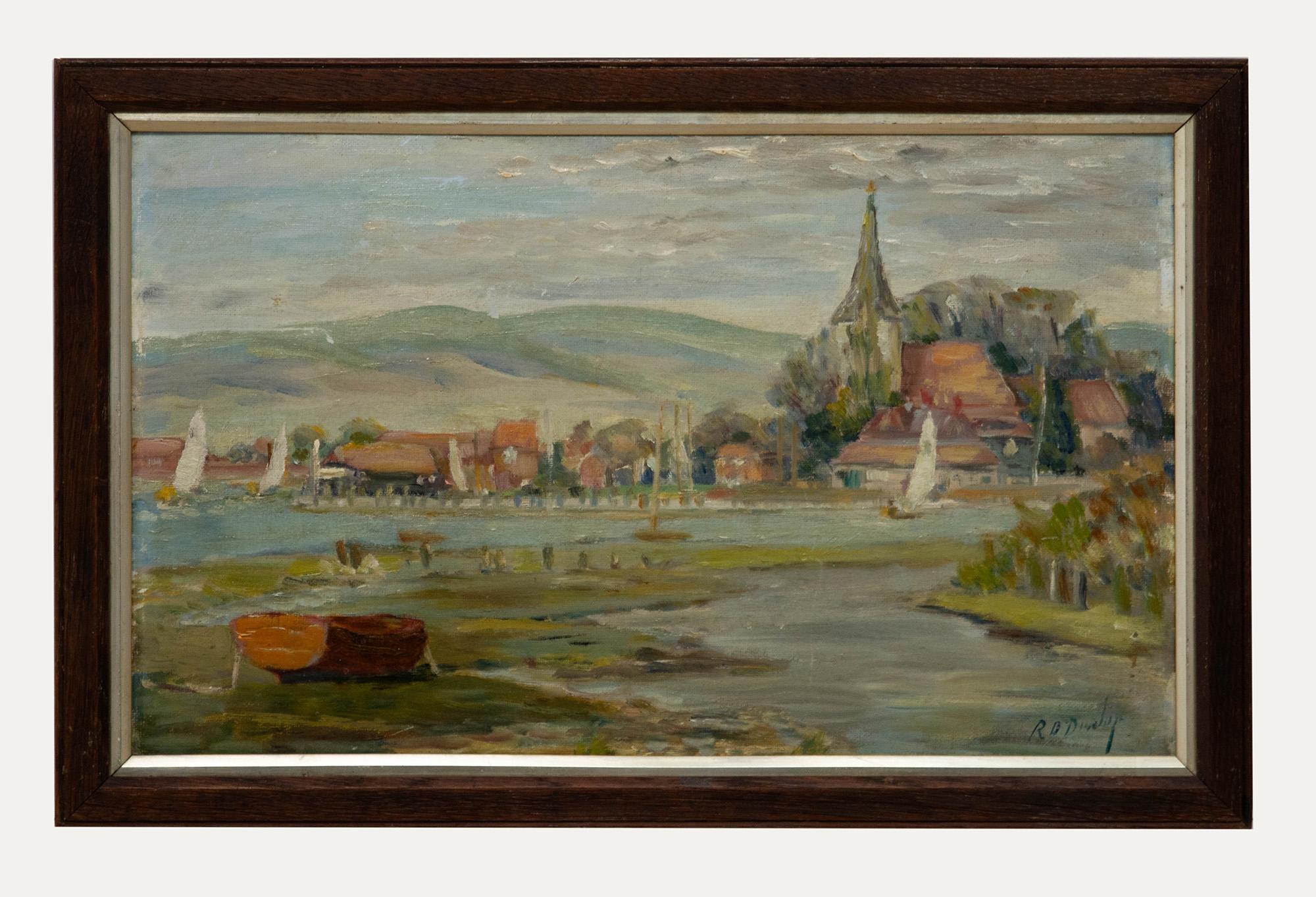 Ronald Ossory Dunlop (1894-1973), estuary scene in oil. Signed lower right. Presented in a stunning oak frame with internal gilt slip. Inscribed to the reverse by a later hand.' R. O. Dunlop'. On canvas board. 