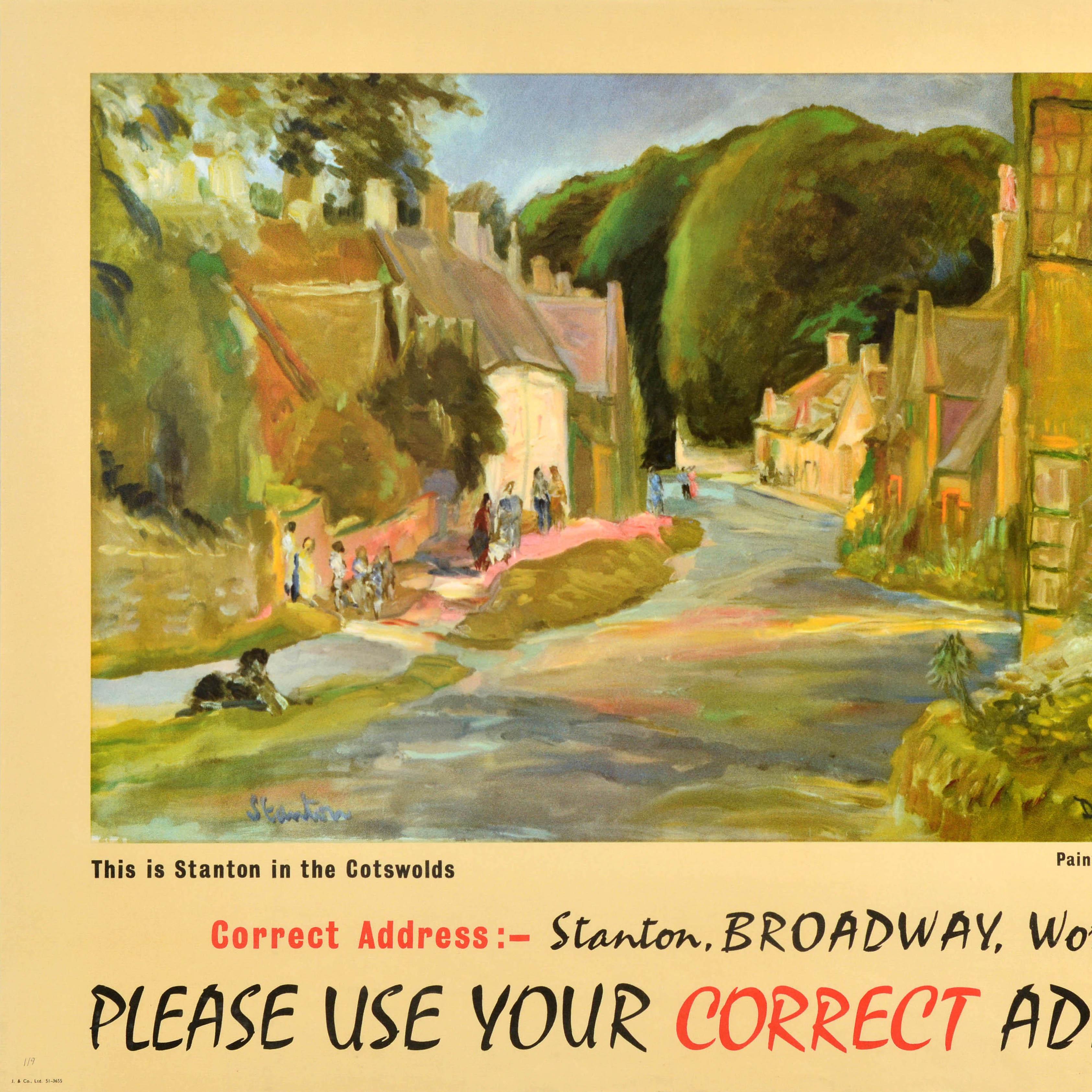 Original Vintage General Post Office Poster Stanton Cotswolds Correct Address - Brown Print by Ronald Ossory Dunlop