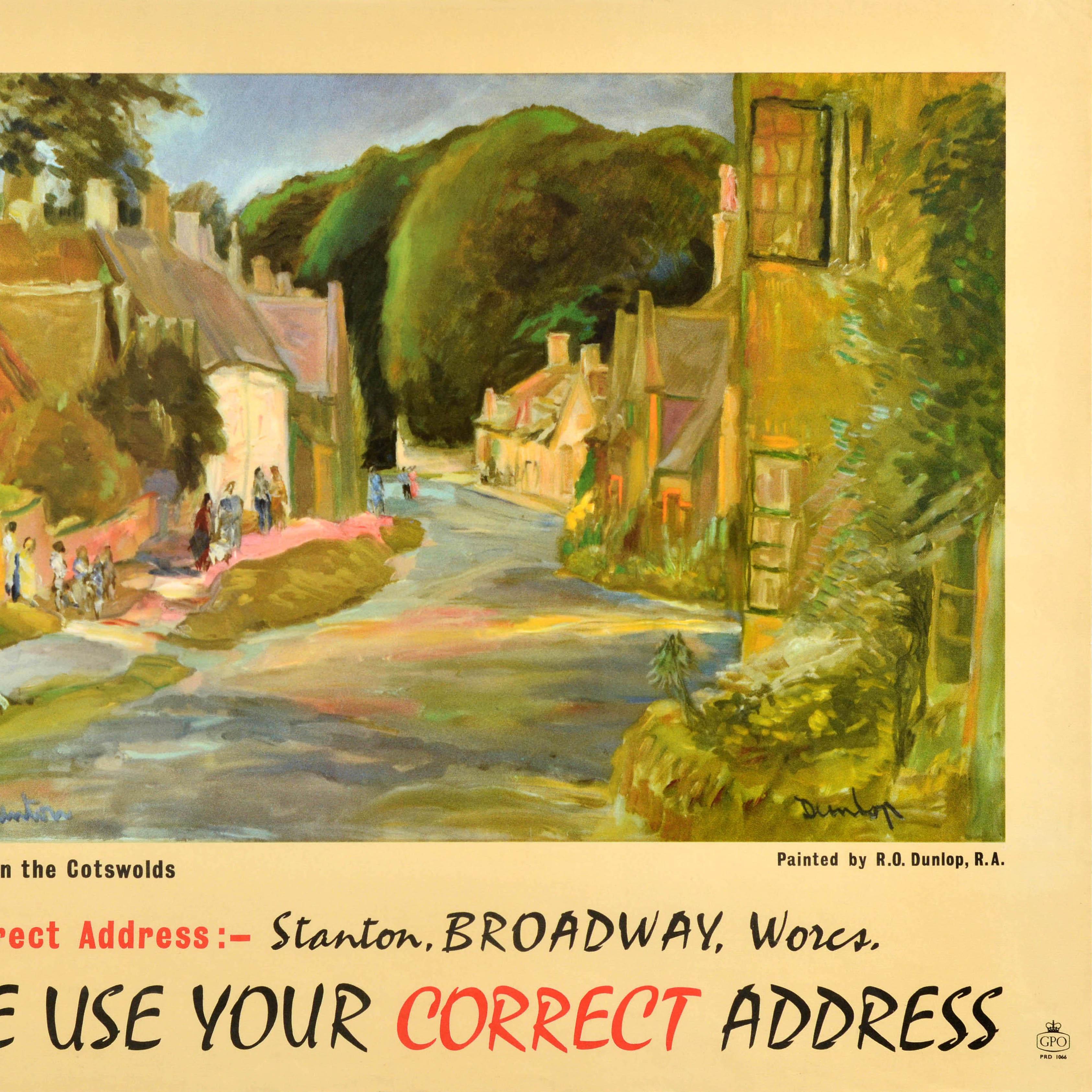 Original Vintage General Post Office Plakat - Dies ist Stanton in den Cotswolds Korrekte Adresse: Stanton, Broadway, Wores Bitte geben Sie Ihre korrekte Adresse an - mit einer farbenfrohen, malerischen Dorfansicht des irischen Schriftstellers und