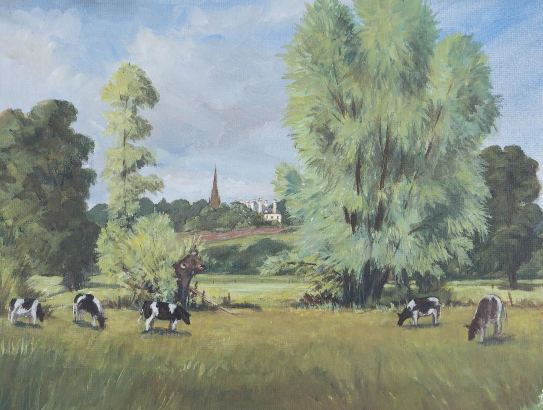 An idyllic view of black and white cows grazing at Northwick Fields. Presented in a wooden frame with a canvas window and white painted wooden inner edge. Signed to the lower-right corner. Artist's label on the verso which includes the title. On