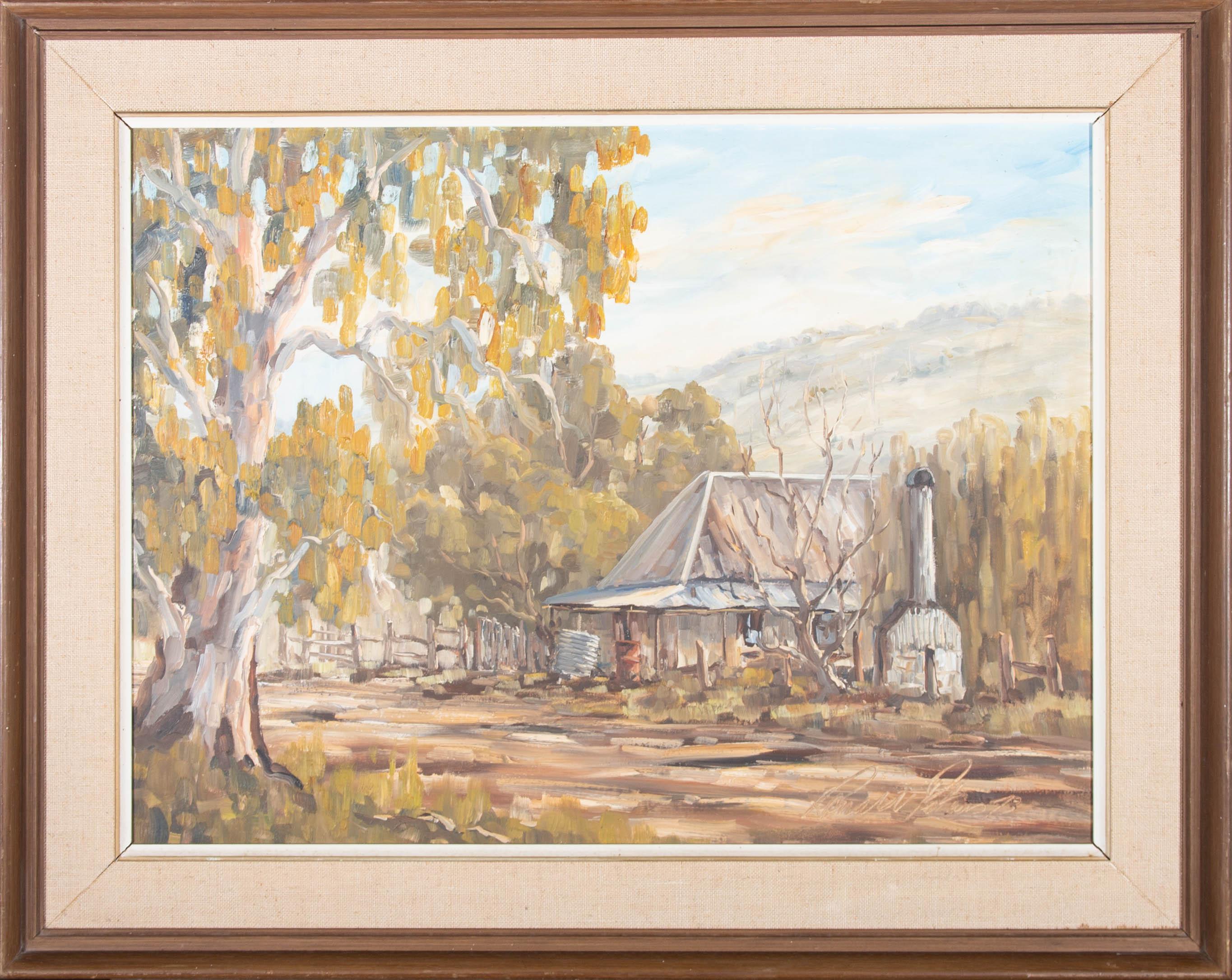 Un raffinato dipinto a olio dell'artista Ronald Peters, che raffigura un paesaggio rurale australiano. Firmato e datato nell'angolo inferiore destro. Presentato in una sottoveste di tessuto e legno bianco e in una cornice di legno, come mostrato. Su
