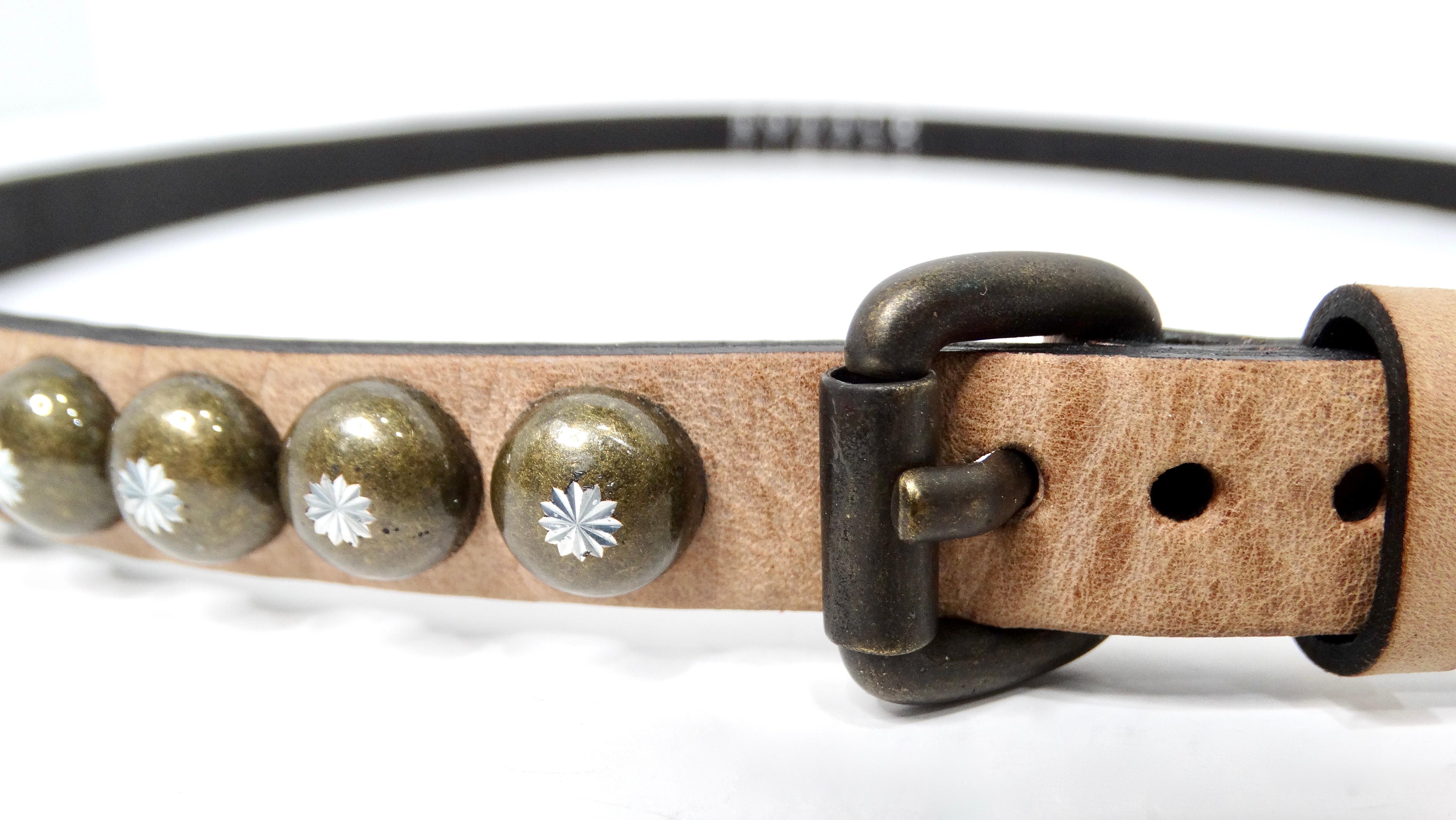 Black Ronald Pineau Skinny Light Brown Brass Studded Leather Belt For Sale