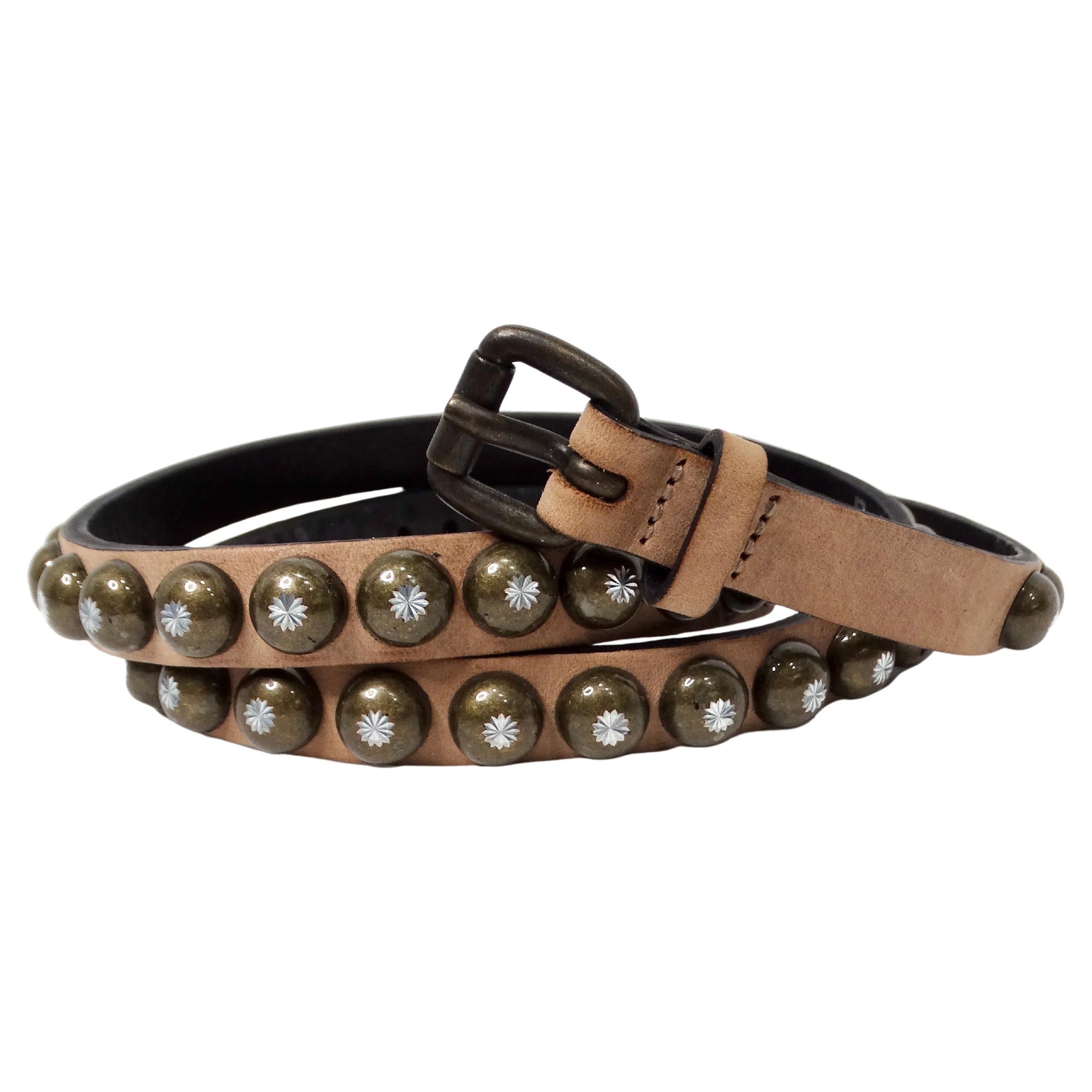 Ronald Pineau Skinny Light Brown Brass Studded Leather Belt For Sale