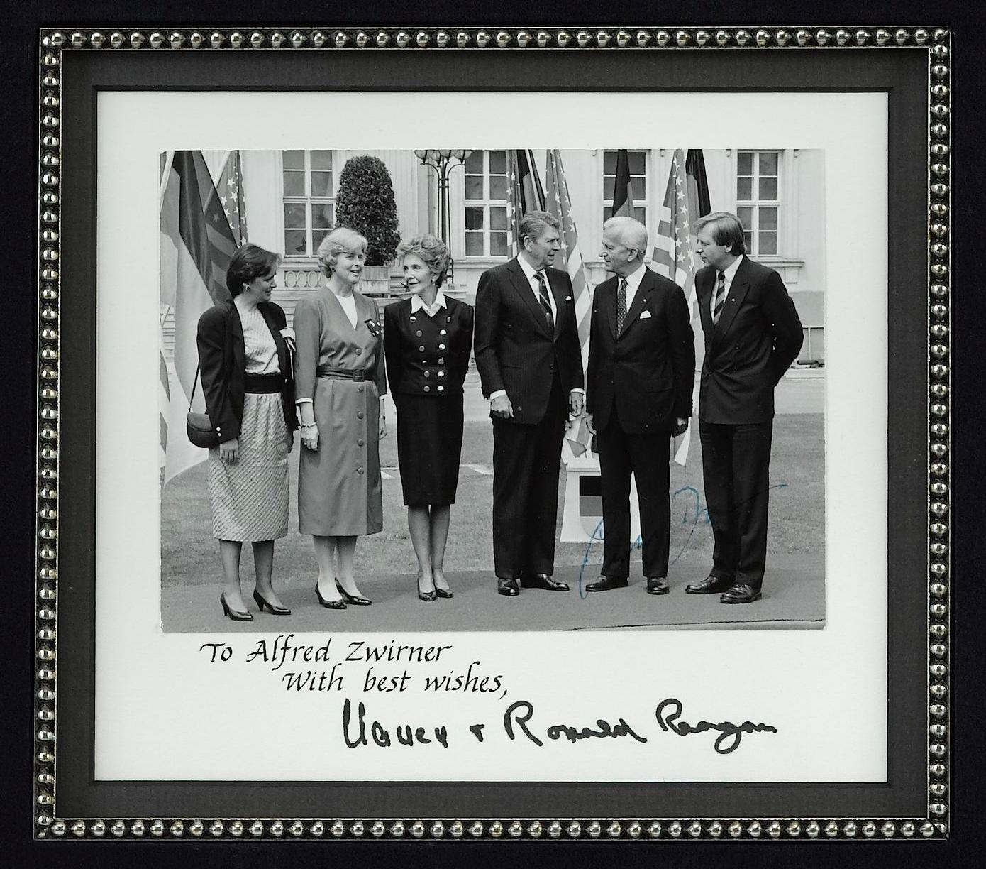 Presented is an original autographed photograph that has been signed by President Ronald Reagan, First Lady Nancy Reagan, and West German Mayor Eberhard Diepgen. Eberhard Diepgen was the Mayor of West Berlin from 1984 to 1989 and later served as