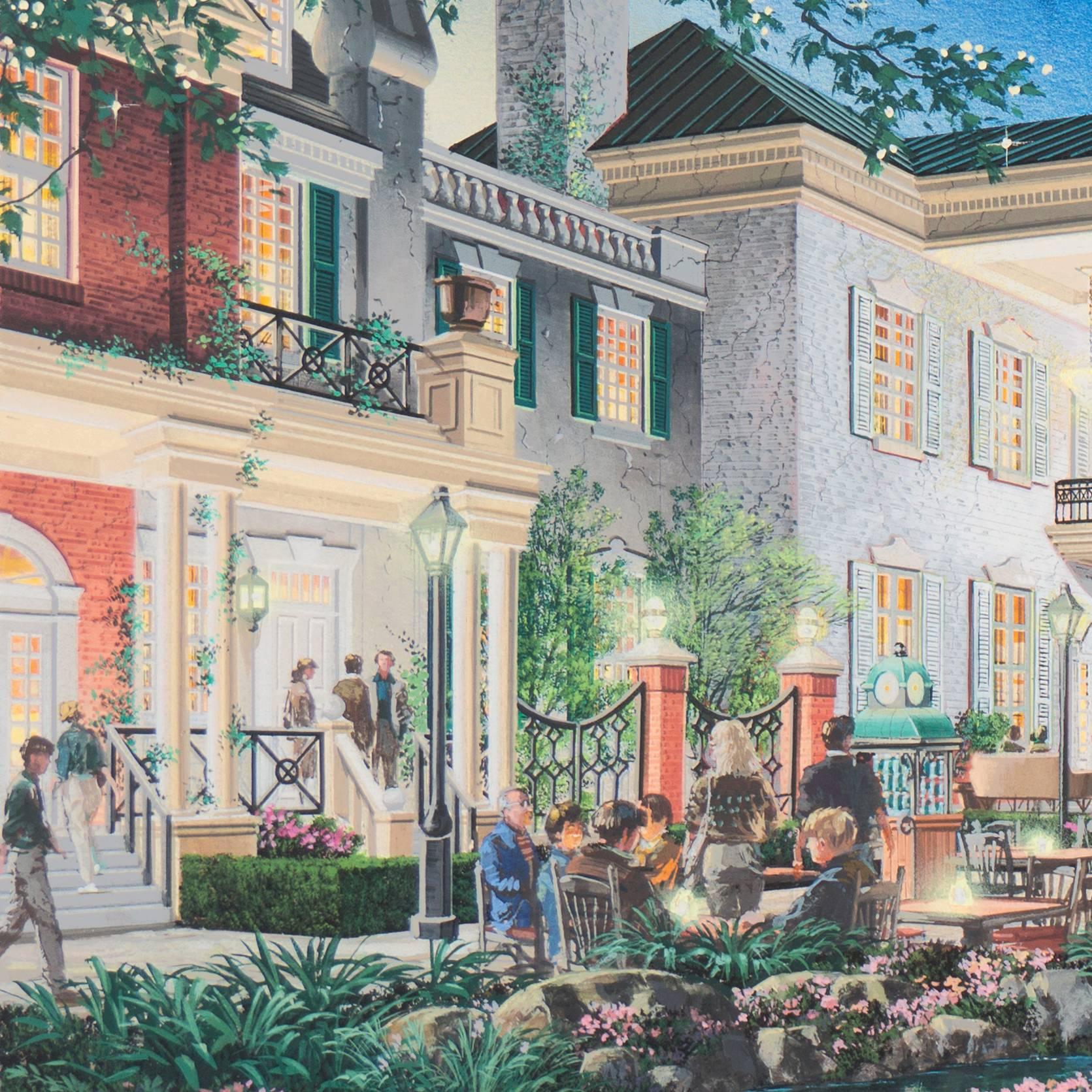 Signed lower right 'a/a' for Ronald Rose (American, born 1940) of Art Associates, Toledo, Ohio.

A substantial and detailed, architects illustration of this proposed St. Louis riverside development showing numerous figures relaxing in the outdoor