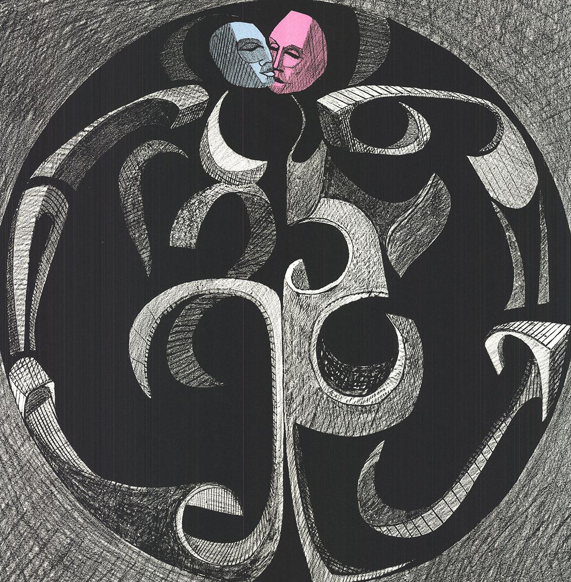 Of Masks and Man - Gray Figurative Print by Ronald Satock