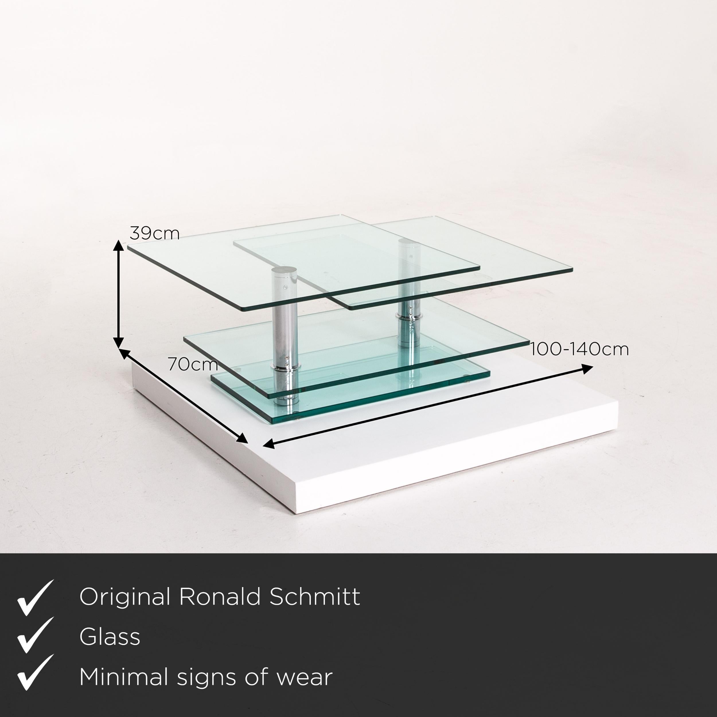 We present to you a Ronald Schmitt K 500 glass coffee table metal table function adjustable.


 Product measurements in centimeters:
 

 Depth 70
 Width 100
 Height 39.





  