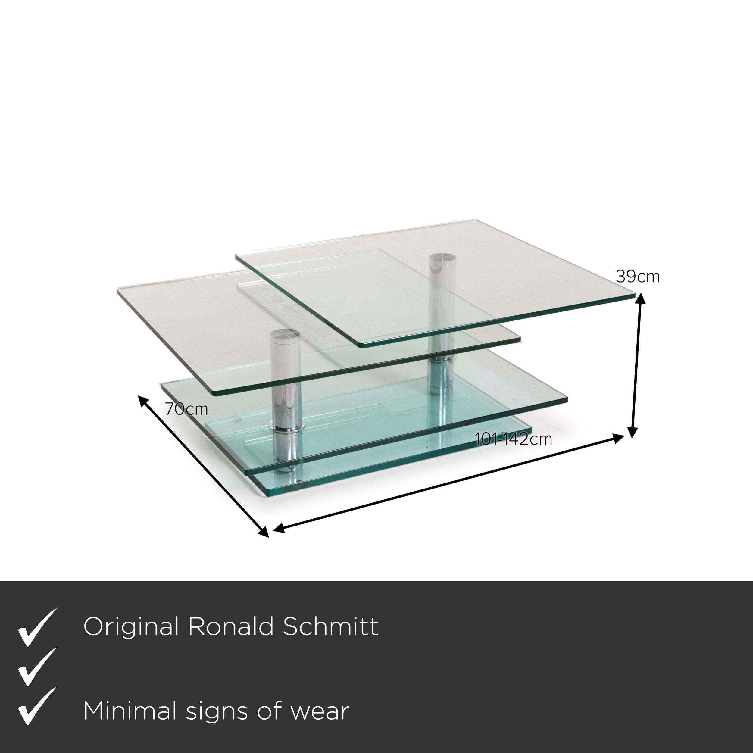 We present to you a Ronald Schmitt K500 glass table coffee table chrome function.


 Product measurements in centimeters:
 

Depth: 70
Width: 101
 Height: 39.





 