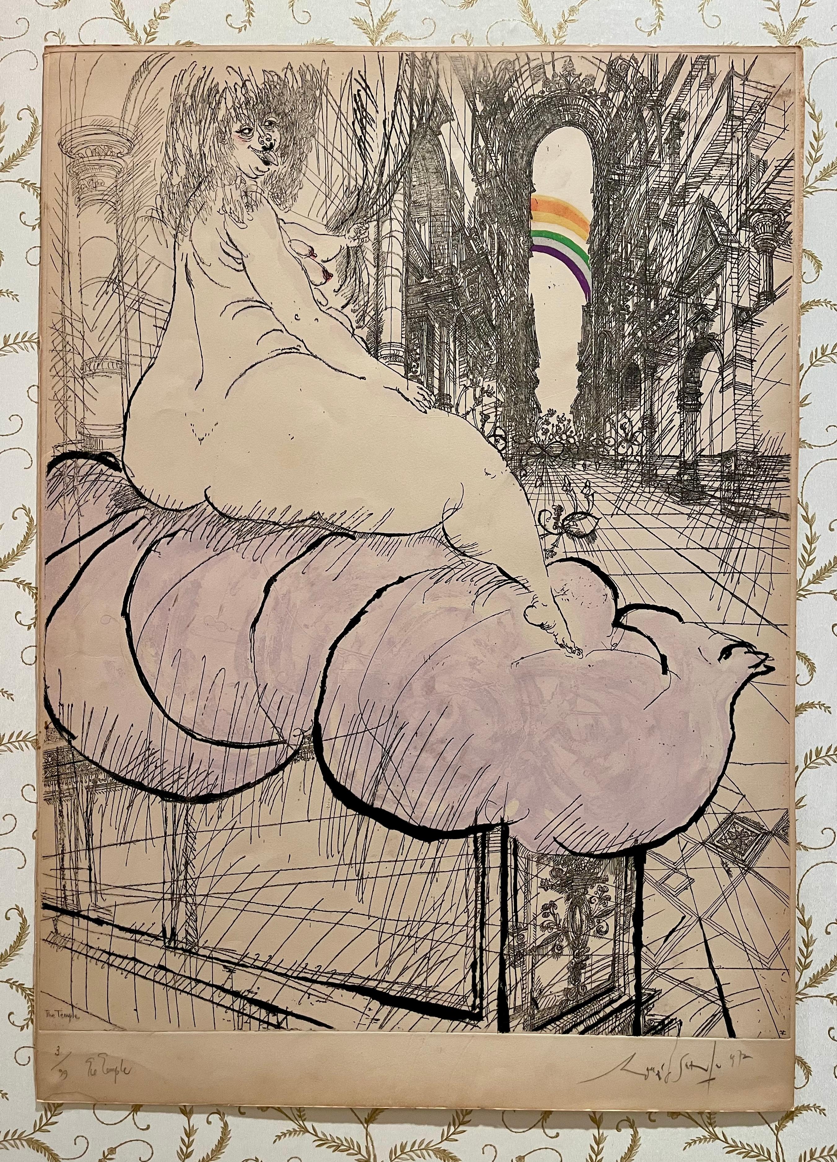 Color lithograph on paper representing a nude woman in a gallery entitled 