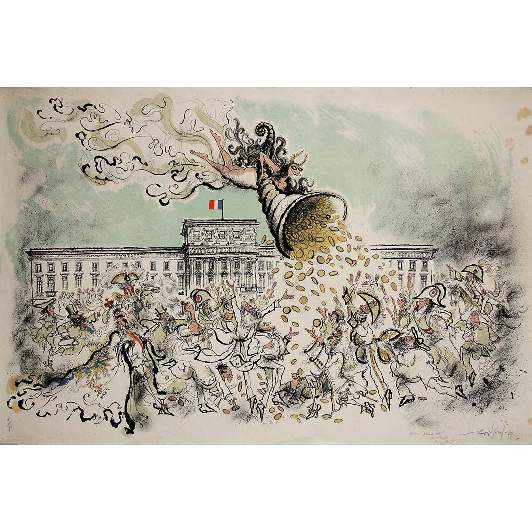 Esta litografía original de 1977 del célebre ilustrador británico Ronald Searle, titulada Paris et la Monnaie, es una pieza rara y muy coleccionable. Numerada con el 18 de una edición limitada de 75 ejemplares, la obra está firmada y dedicada