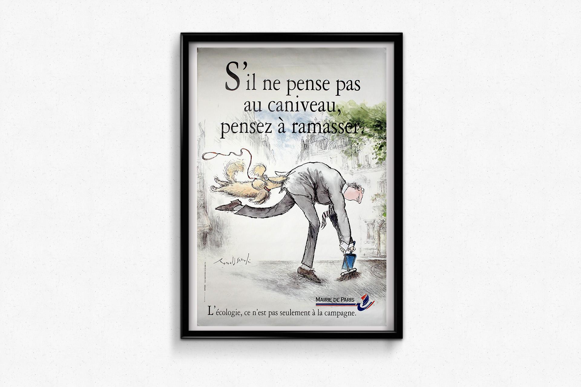 This delightful and cheeky circa 1985 original poster by renowned British illustrator Ronald Searle, titled “S’il ne pense pas au caniveau, pensez à ramasser”, is a perfect example of how humor and civic responsibility can go hand in