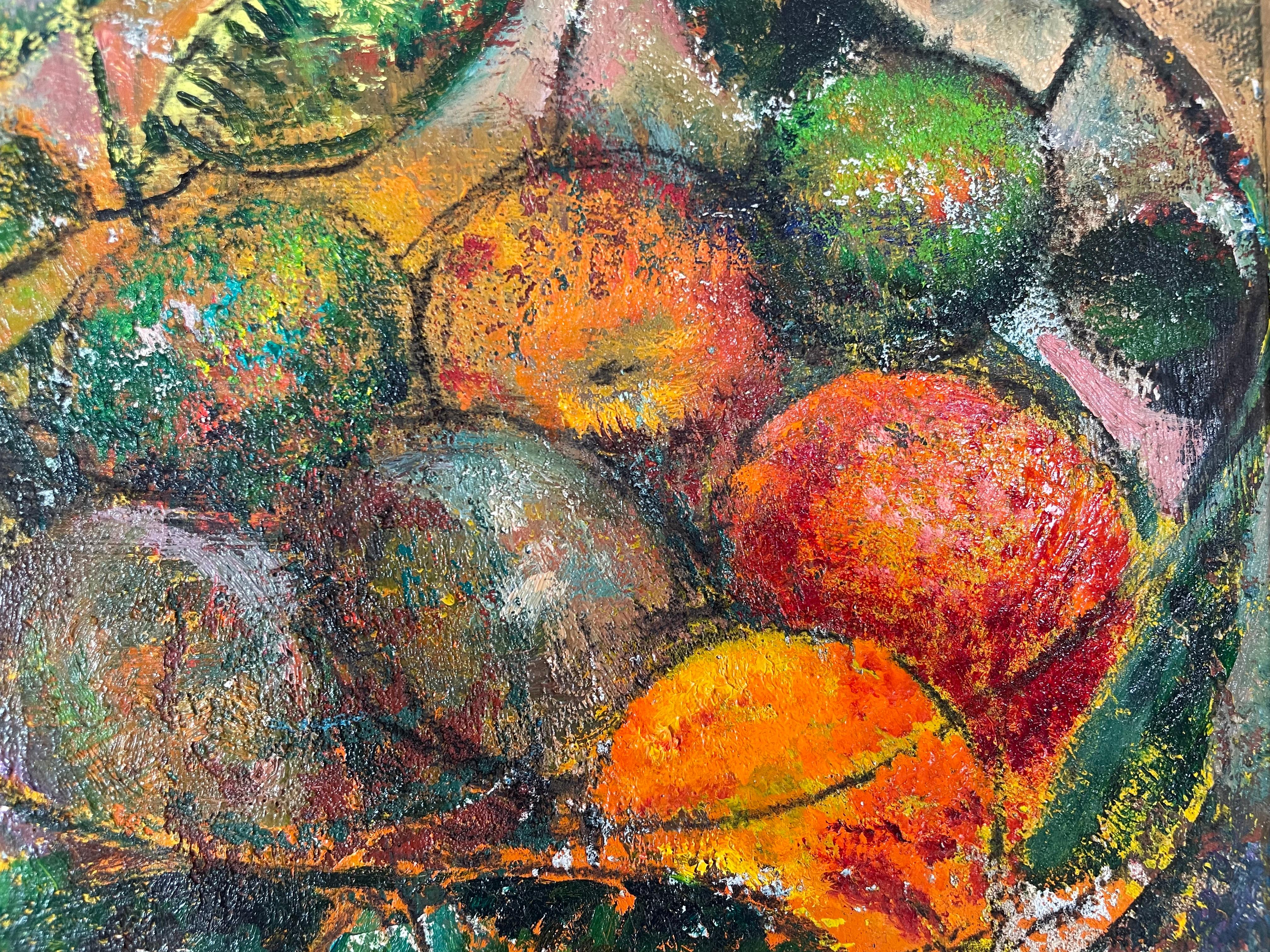 Original oil painting by celebrated, twentieth-century California landscape painter, Ronald Shap. A vibrant still life of a bowl of fruit from the artist's '90s, neo-expressionist / neo-fauvist period. Predominate colors are gold, green and orange.