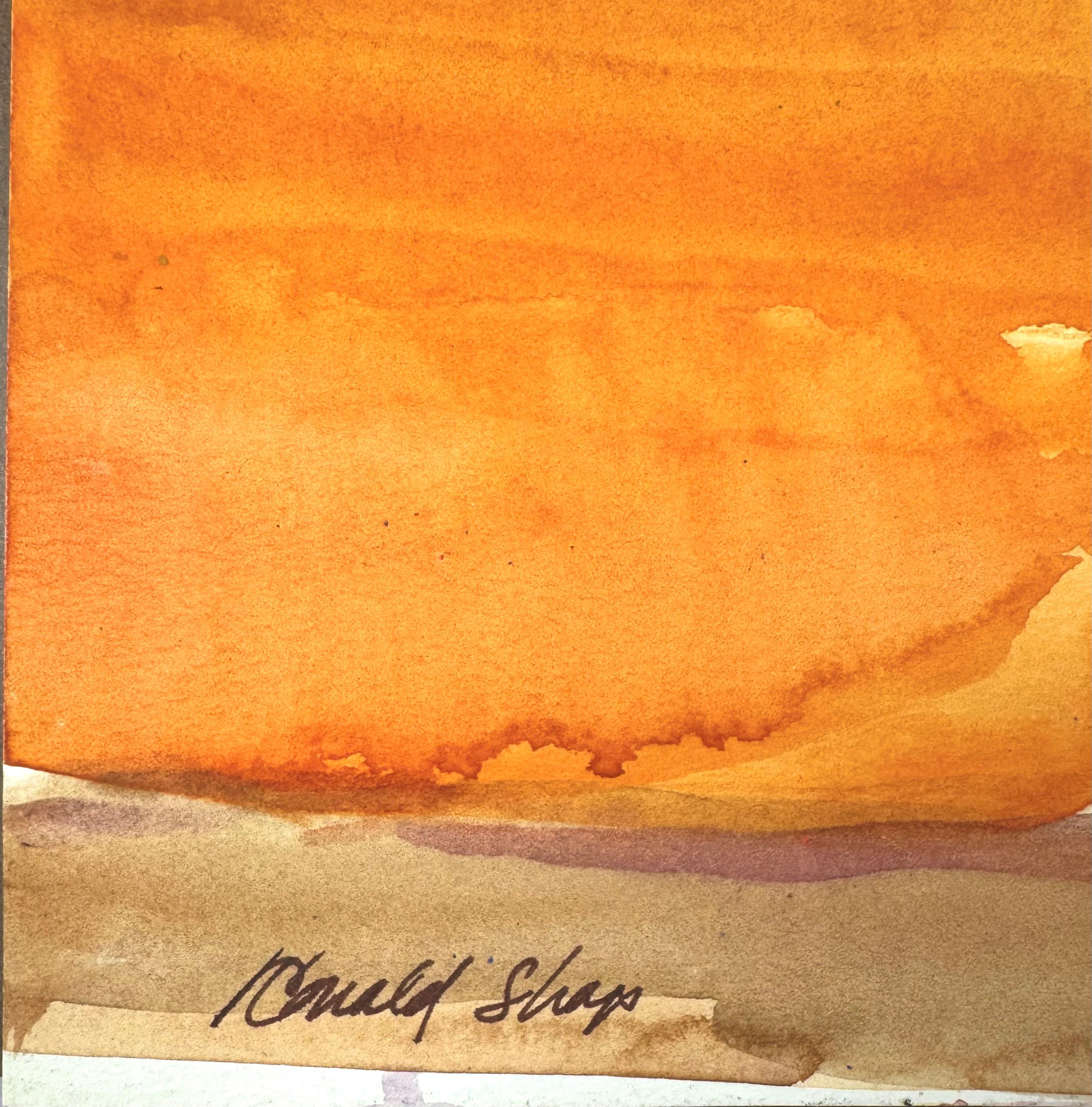 Original-Gouache-Interieur-Gemälde des berühmten kalifornischen Landschaftsmalers Ronald Shap aus dem zwanzigsten Jahrhundert. Lebendiges Bild eines Stuhls und eines Hockers mit kräftigem orangen und blauen Hintergrund. 24x18 Zoll auf Strathmore 400