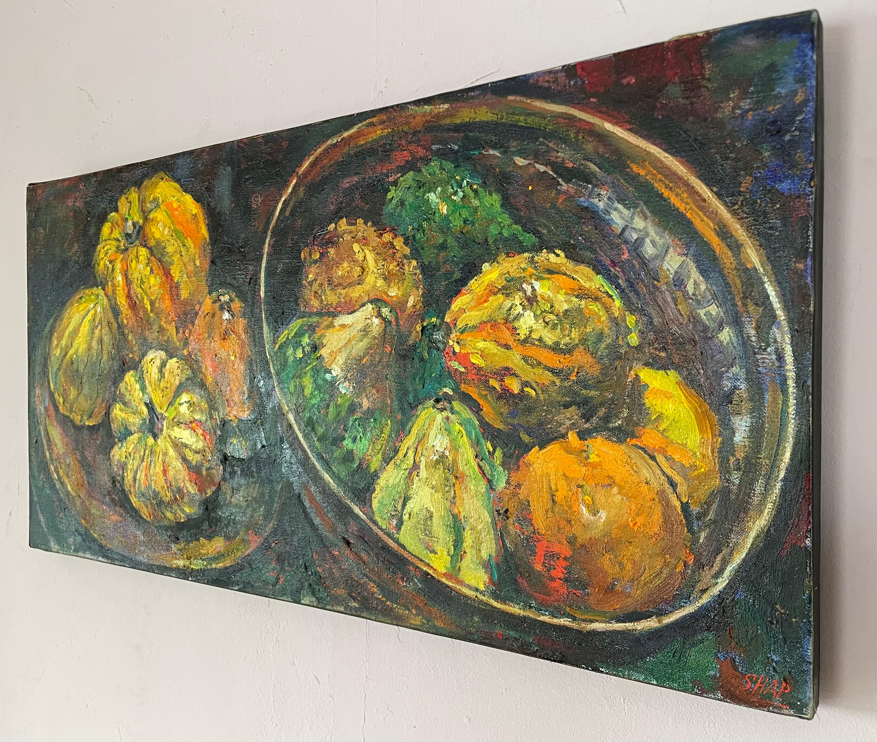 Original oil painting by celebrated, twentieth-century California landscape painter, Ronald Shap. A unique, double still life of two bowls of autumn squash and pumpkins in a loose, impressionist style. Predominate colors are yellow, orange and
