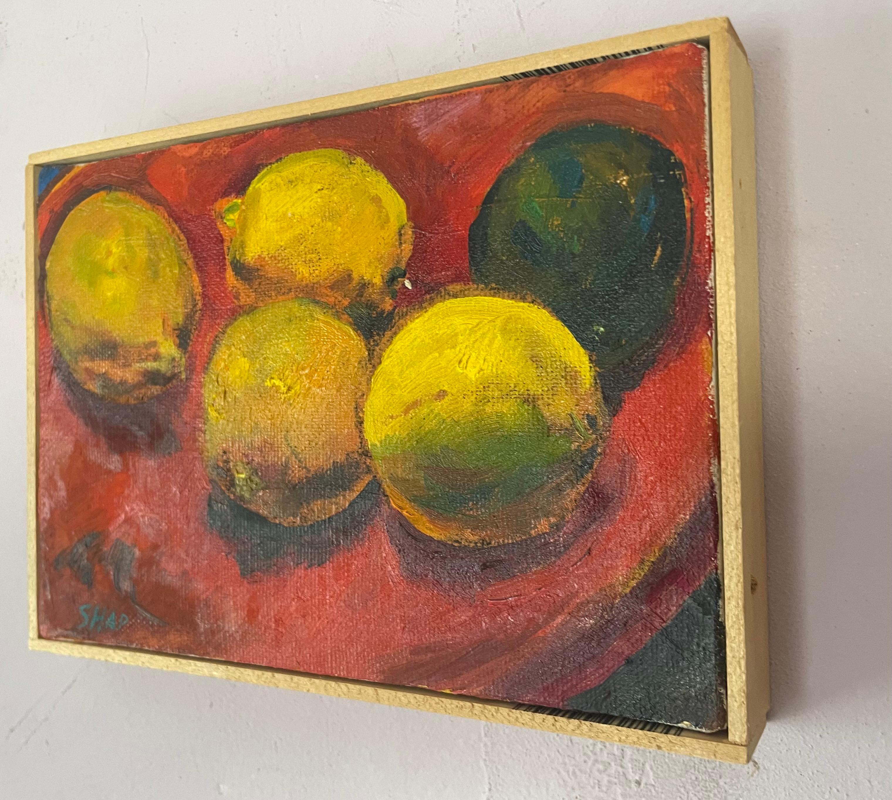 Original oil painting by celebrated, twentieth-century California landscape painter, Ronald Shap. This small still life of yellow lemons and a dark green lime in an orange bowl is in a loose, impressionist style. 5x7 inch canvas on wood block.