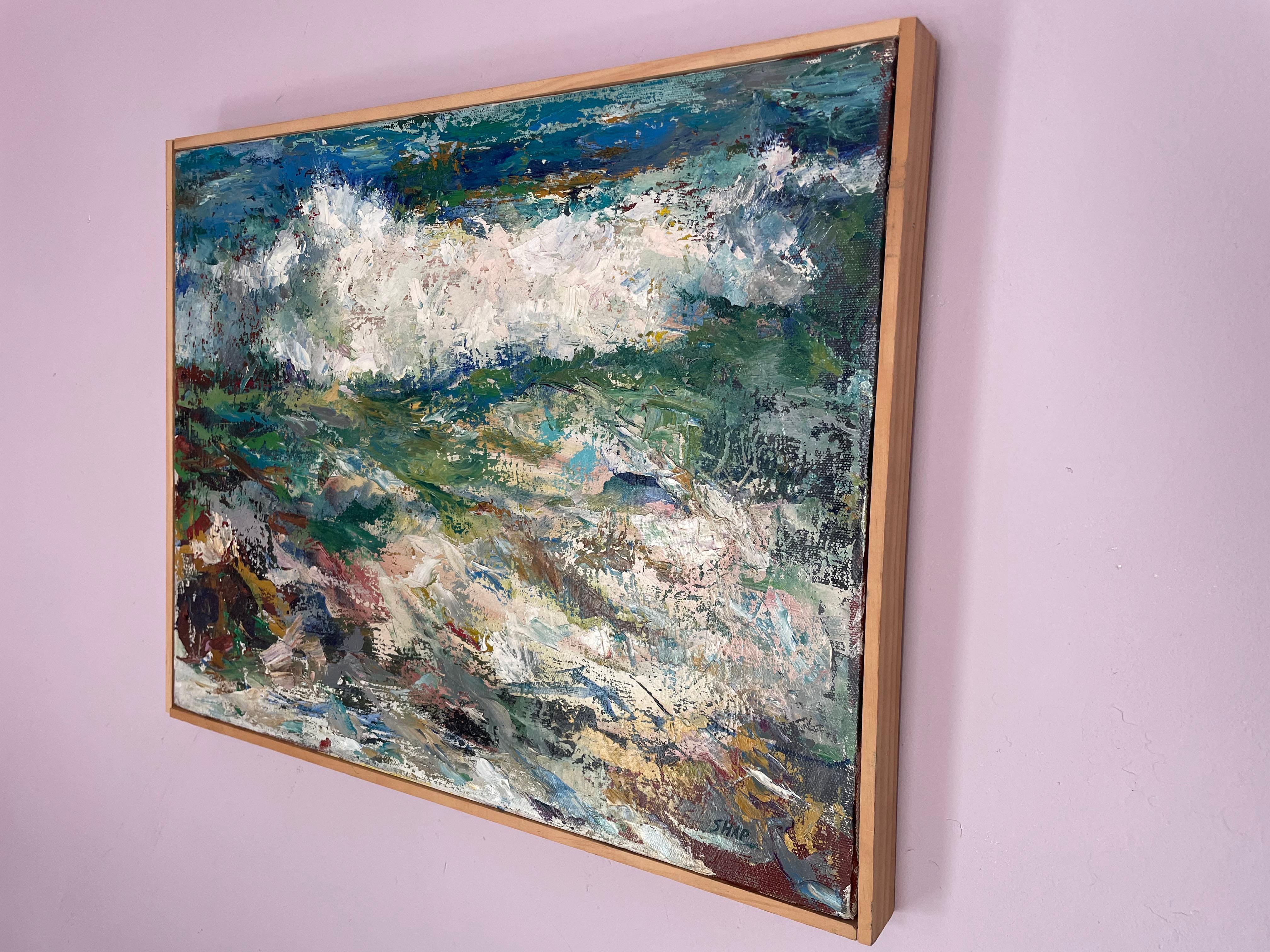 Original oil painting by celebrated, twentieth-century California landscape painter, Ronald Shap. A beautiful, abstracted view of the Pacific Ocean. 18x14 inch canvas. Signed.

Simple, 1/4 inch wood frame tacked to canvas, believed to be made by