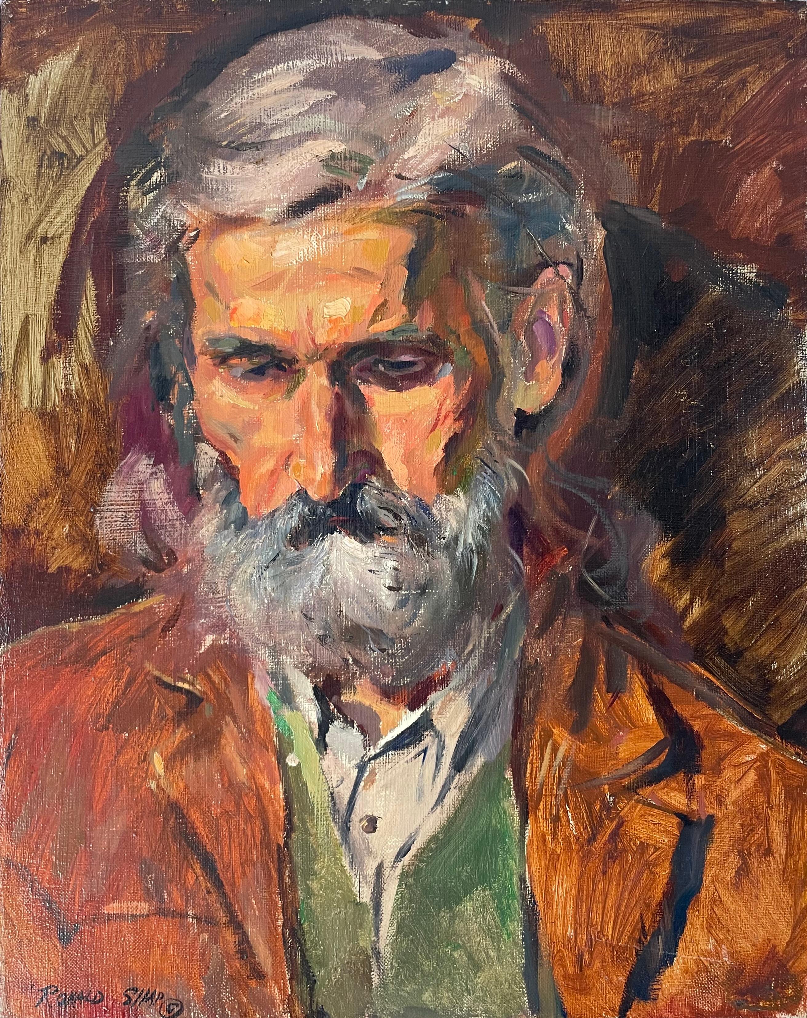 Original oil painting by celebrated, twentieth-century California landscape painter, Ronald Shap. A thoughtful portrait of an older man in orange and gray from the artist's early impressionist period. 20x16 inch canvas. Signed. 

Ronald Shap was