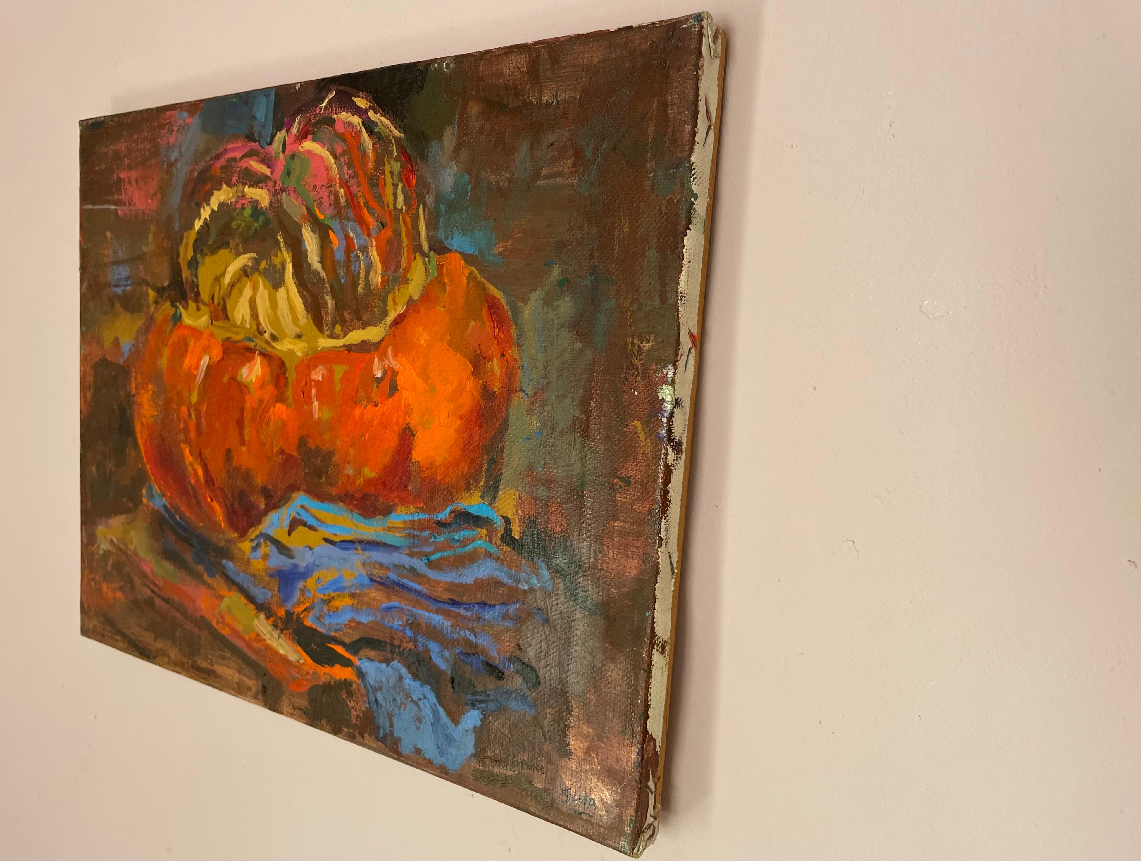 Pumpkin on Blue Cloth - Painting by Ronald Shap