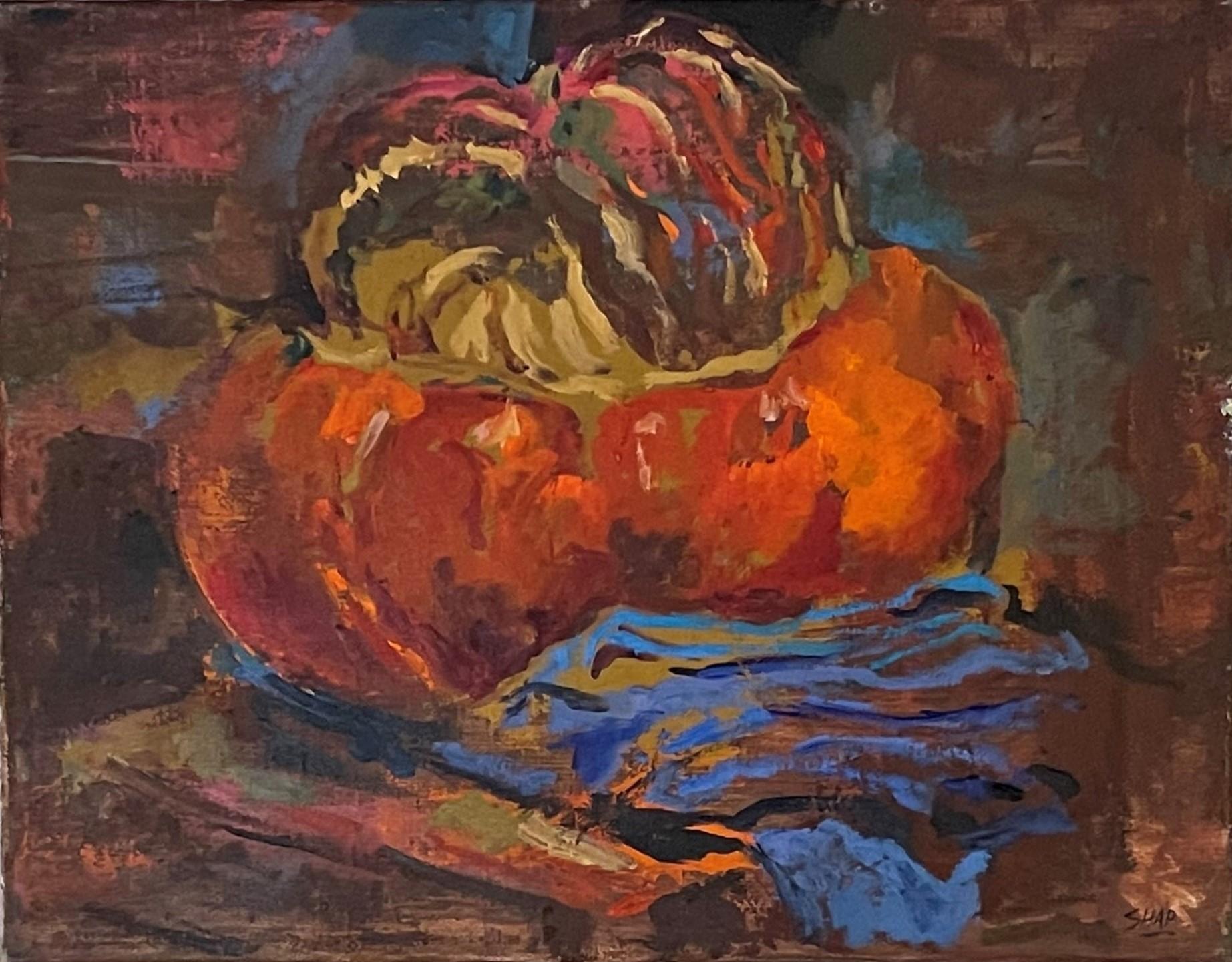 Ronald Shap Still-Life Painting - Pumpkin on Blue Cloth