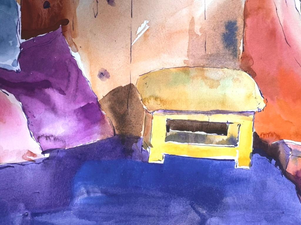 Original-Gouache-Interieur-Gemälde des berühmten kalifornischen Landschaftsmalers Ronald Shap aus dem zwanzigsten Jahrhundert. Lebendiges Stillleben in Lila, Blau, Rosa, Gelb, Orange, Grün und Neutraltönen. 18×24 Zoll auf Strathmore 130 lb Papier.